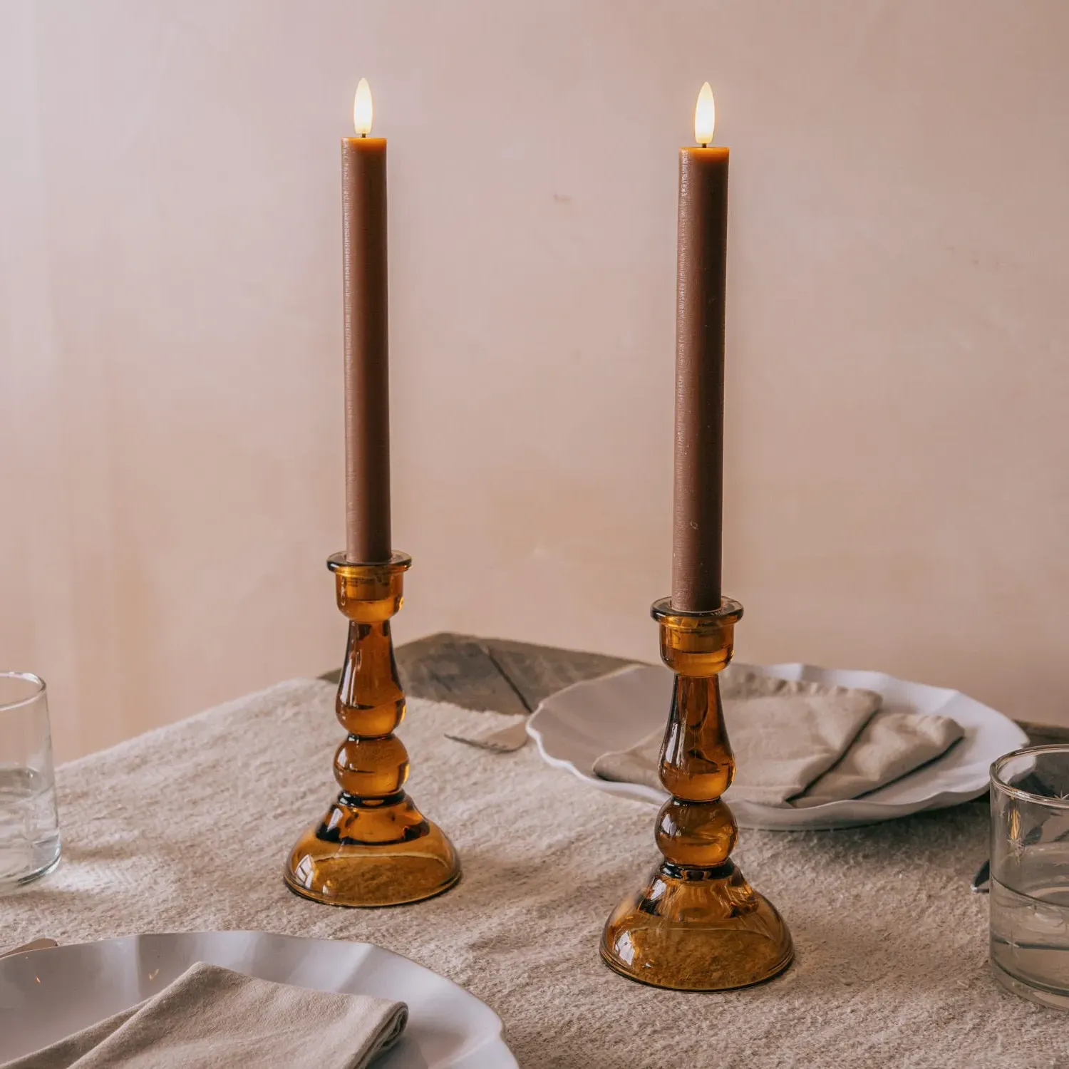 Set of Two Brown LED Dinner Candles - Brown