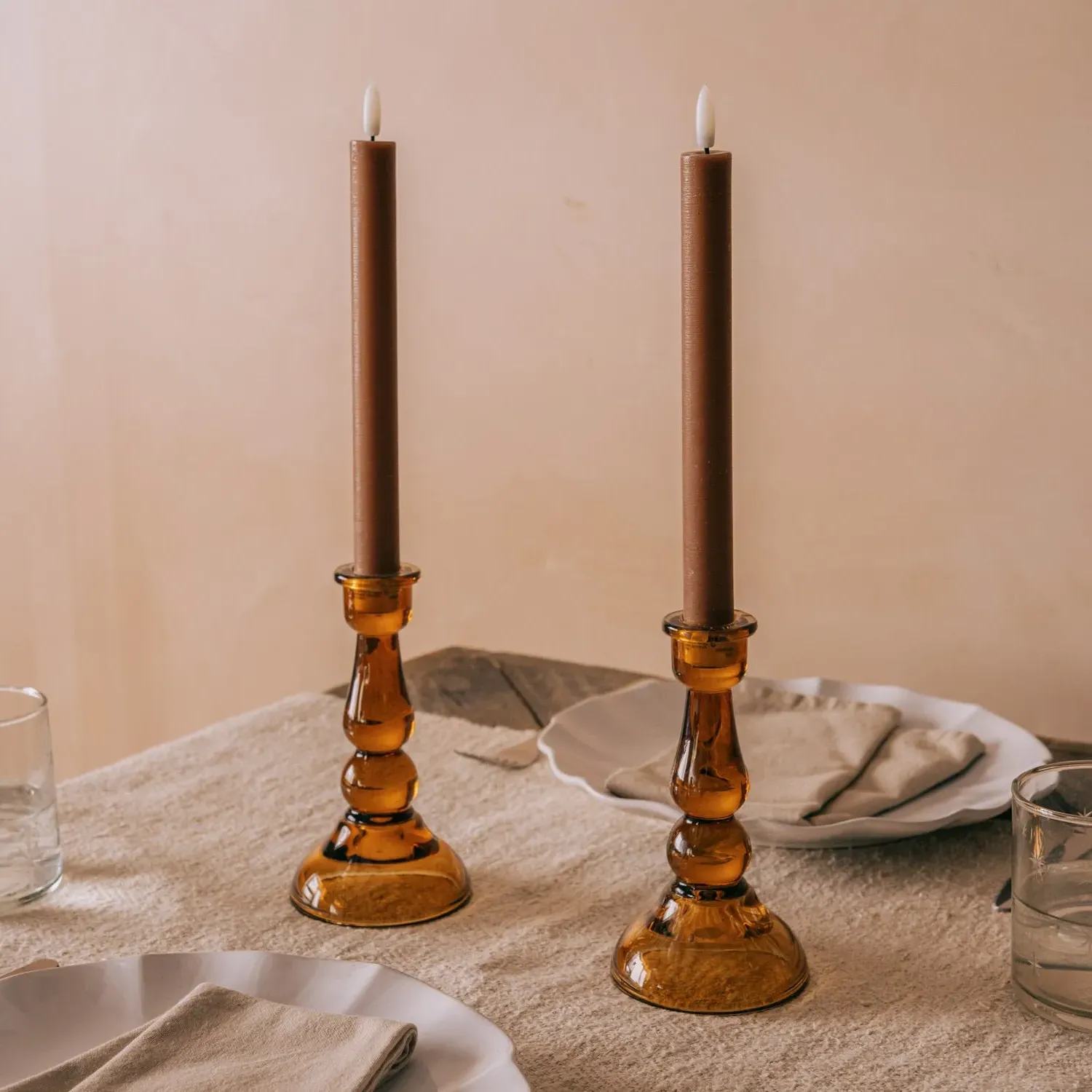 Set of Two Brown LED Dinner Candles - Brown
