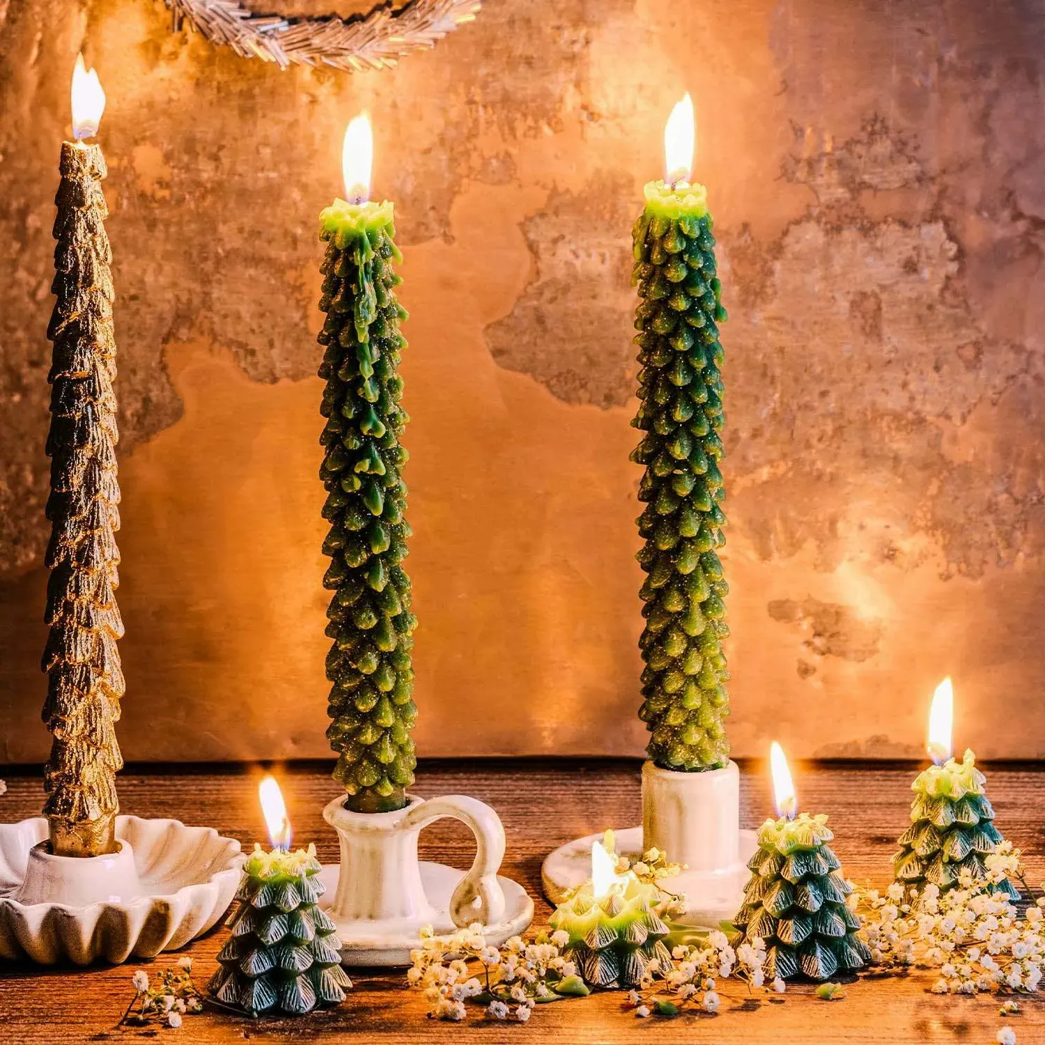 Set of Two Emerald Tree Dinner Candles - Green image