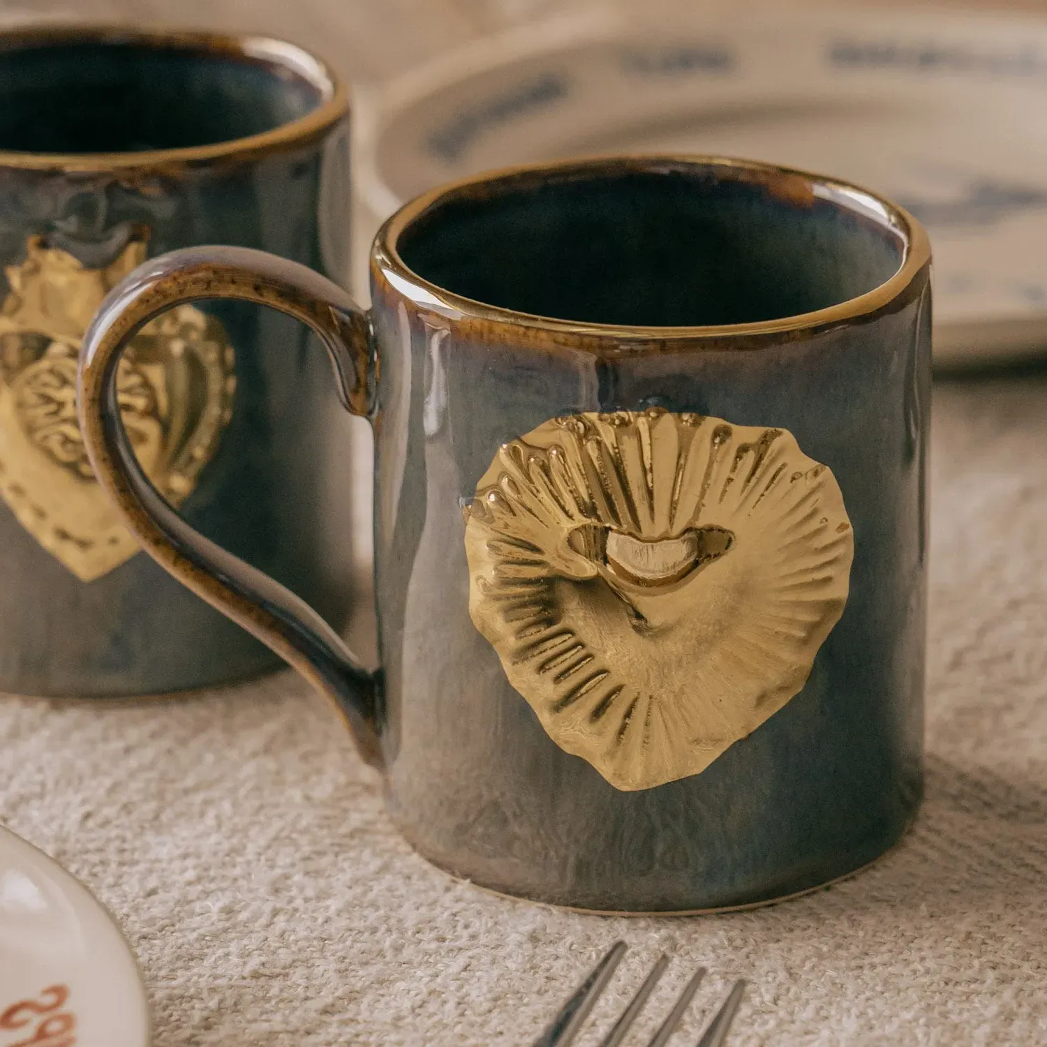 Set of Two Ex-Voto Gold Heart Mugs - Mauve, Stoneware