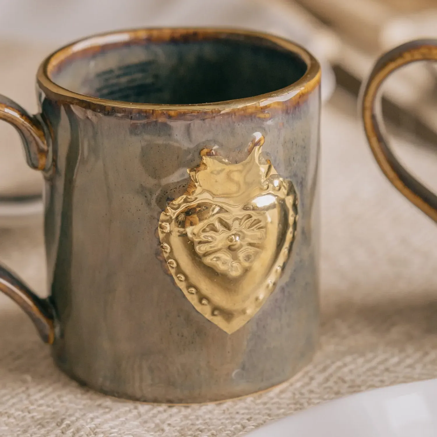 Set of Two Ex-Voto Gold Heart Mugs - Mauve, Stoneware