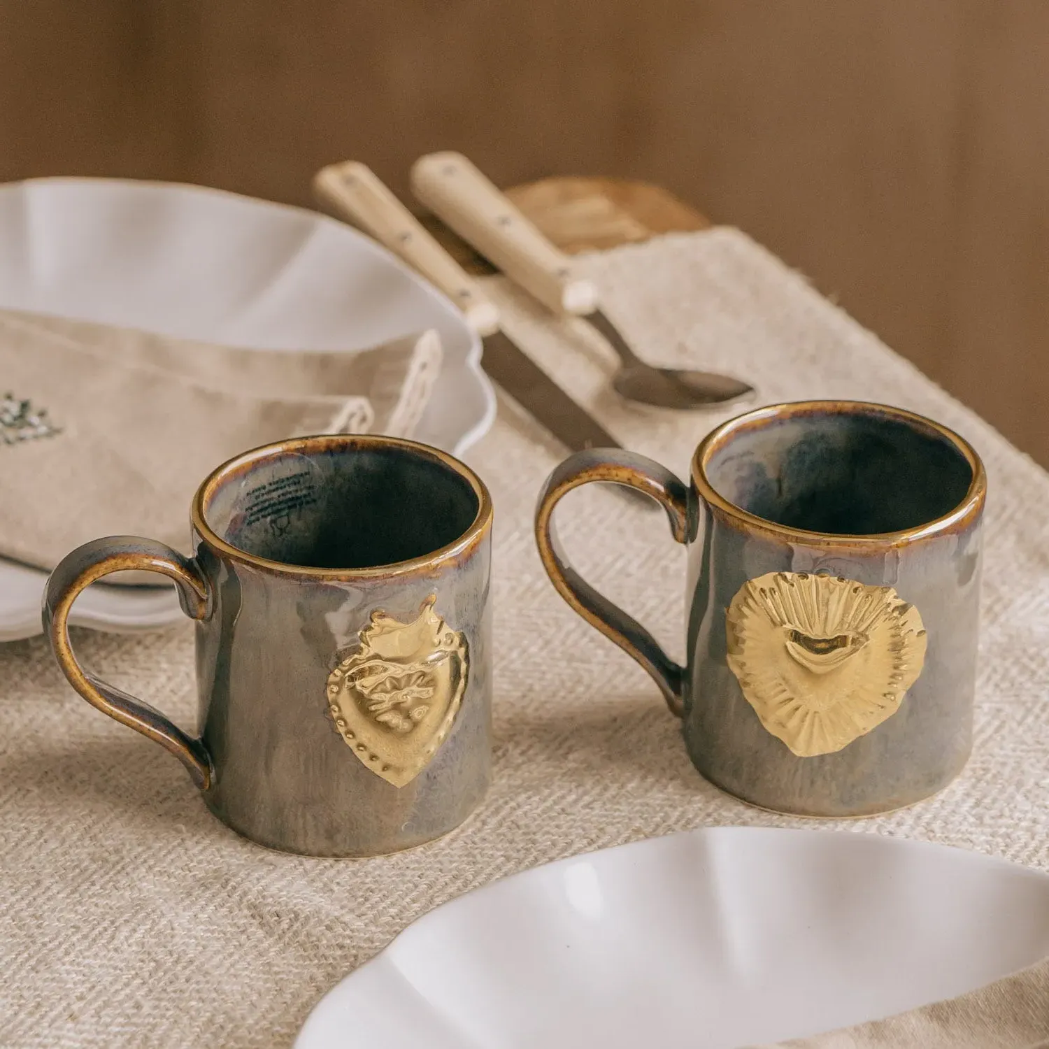 Set of Two Ex-Voto Gold Heart Mugs - Mauve, Stoneware