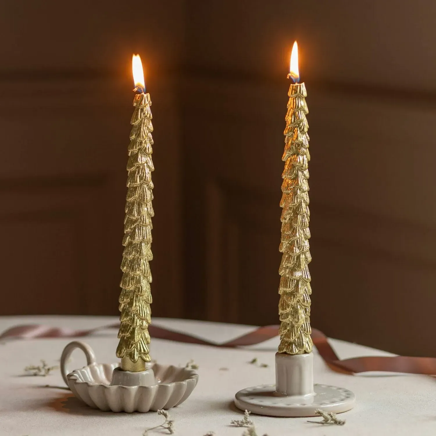 Set of Two Gold Tree Dinner Candles - Gold