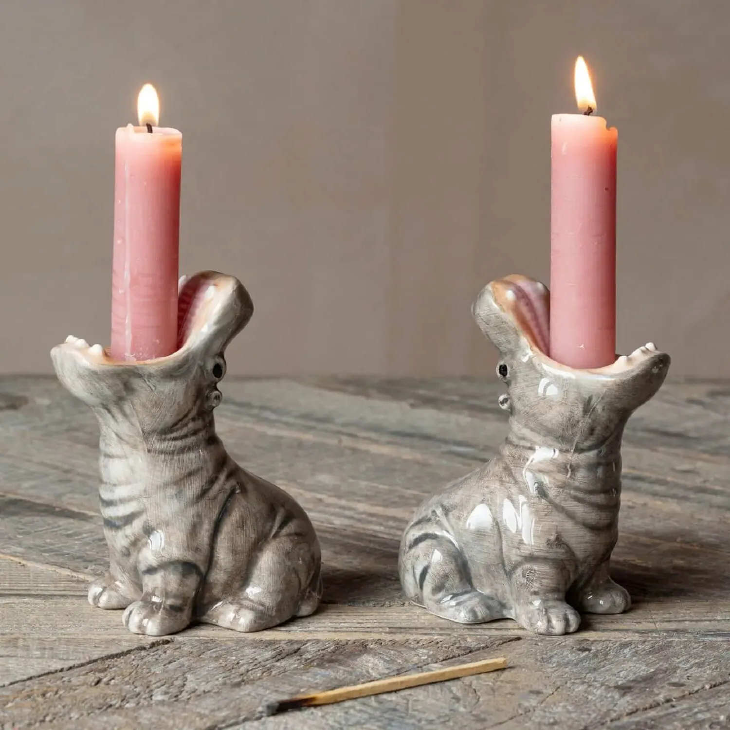 Set of Two Hippo Candle Holders - Ceramic