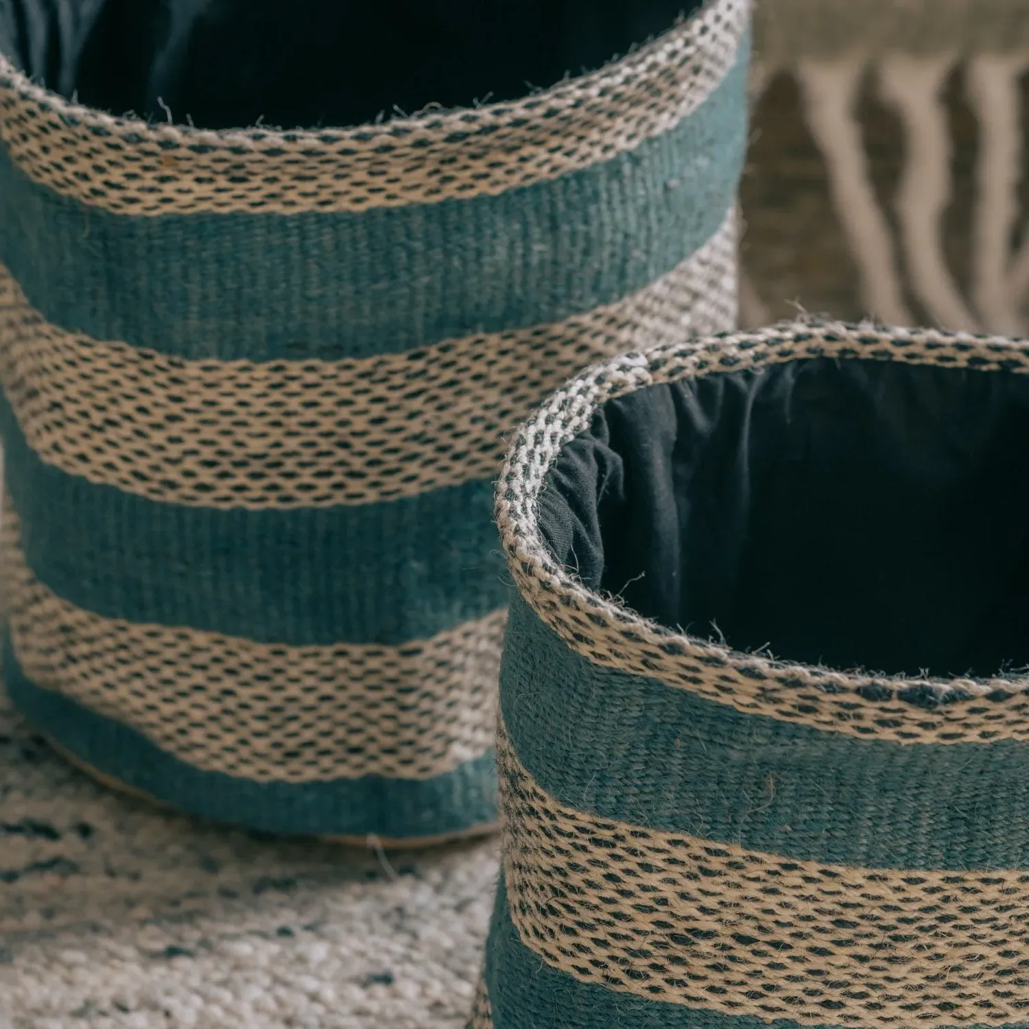 Set of Two Jute Storage Bins - Blue Stripe