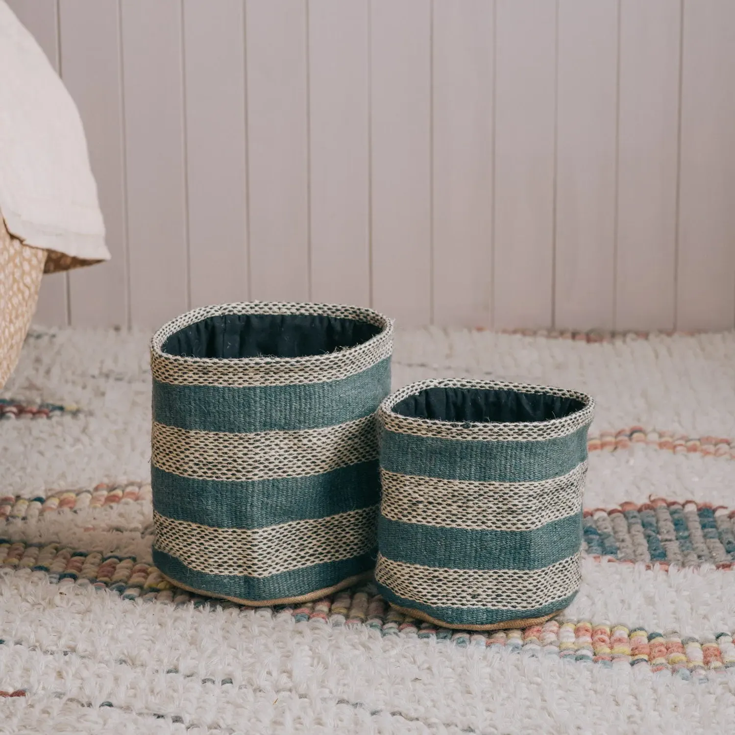 Set of Two Jute Storage Bins - Blue Stripe image