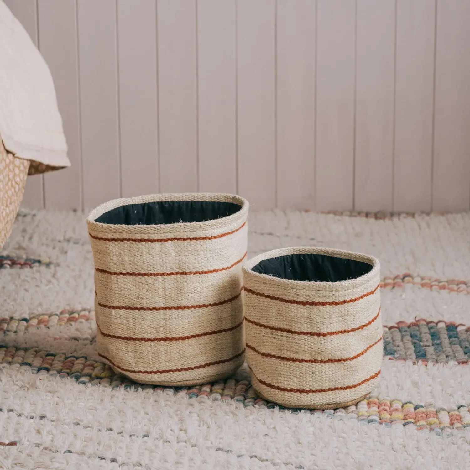 Set of Two Jute Storage Bins - Red Stripe