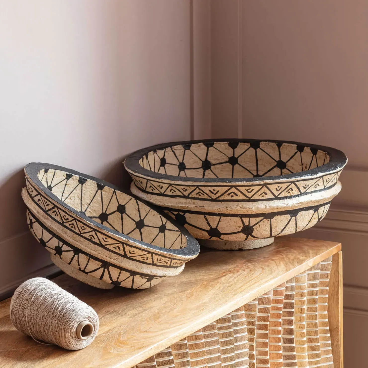 Set of Two Papier Mache Bowls - Tribal Design