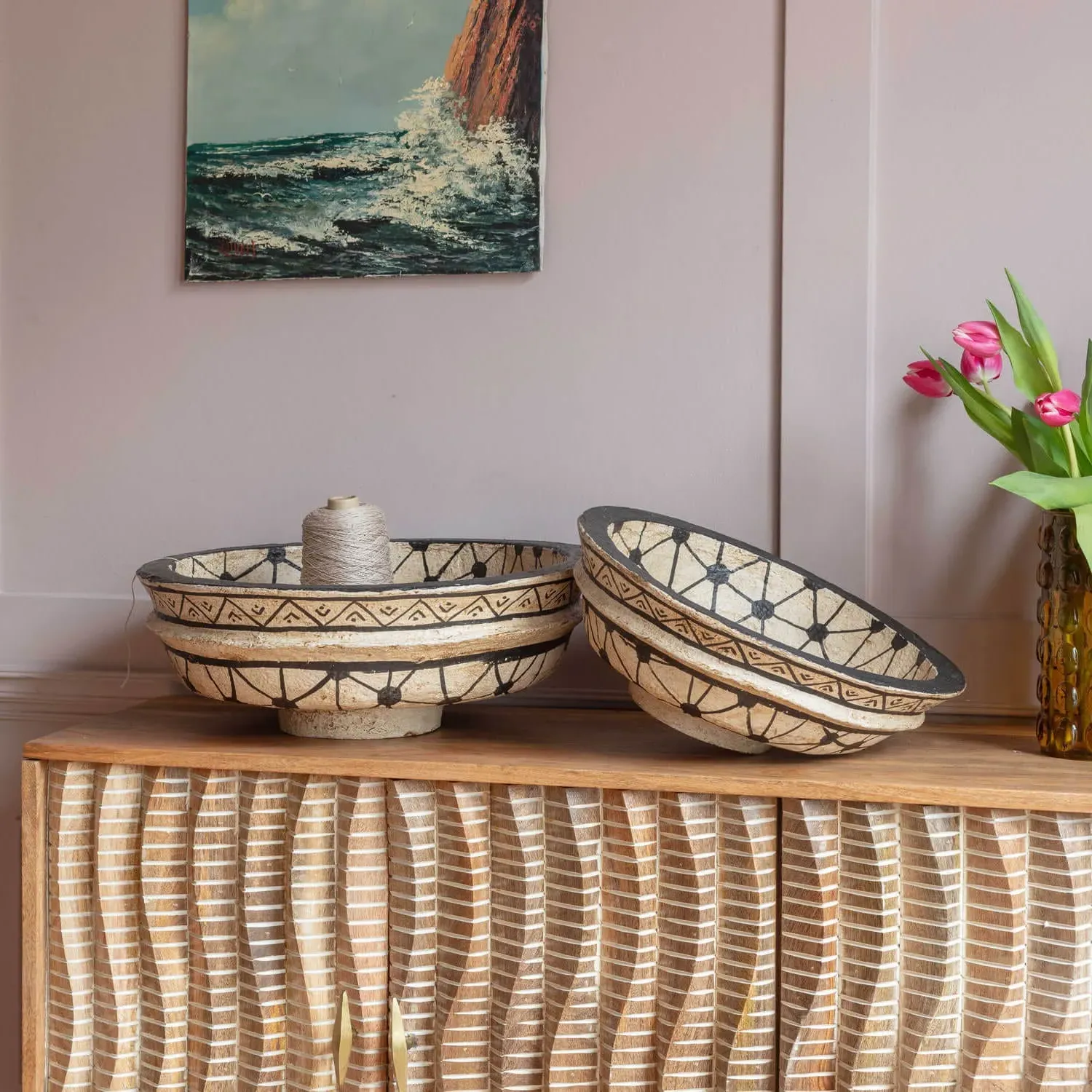 Set of Two Papier Mache Bowls - Tribal Design