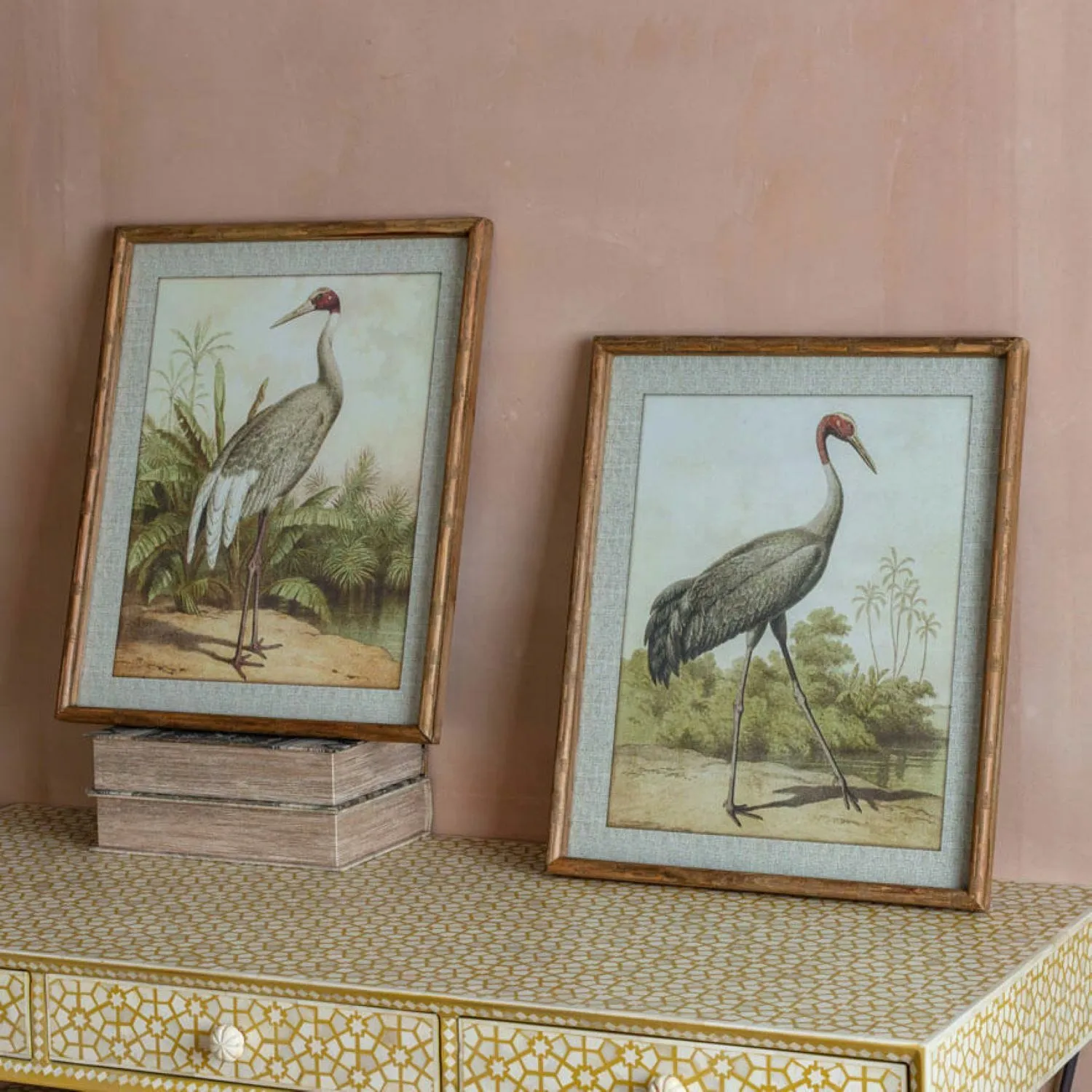 Set of Two Stork Prints with Bamboo-Style Frames