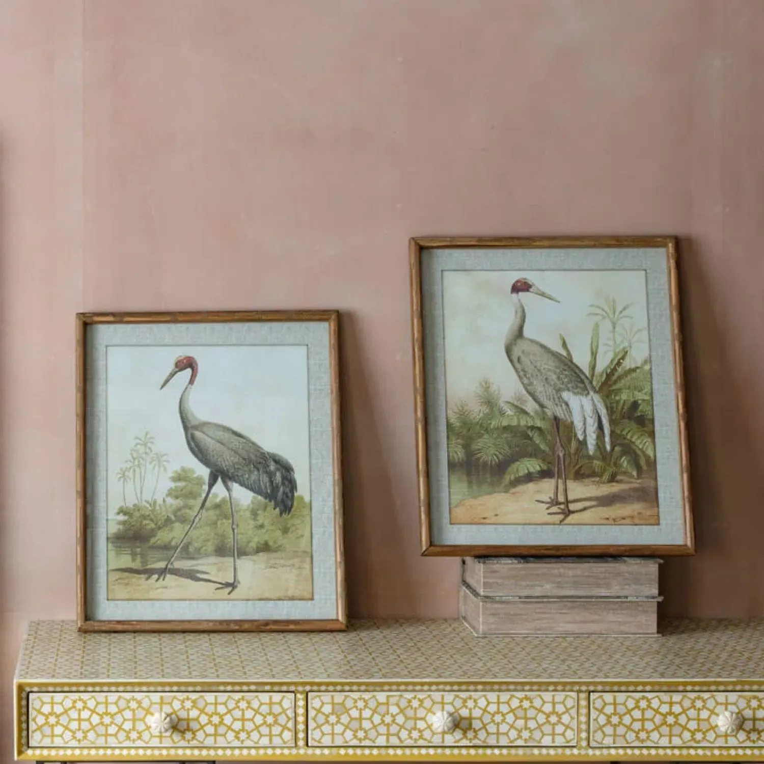 Set of Two Stork Prints with Bamboo-Style Frames