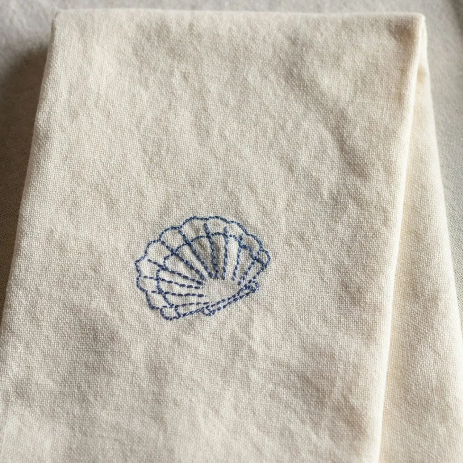 Shell Embroidered Cotton Napkin - Cream