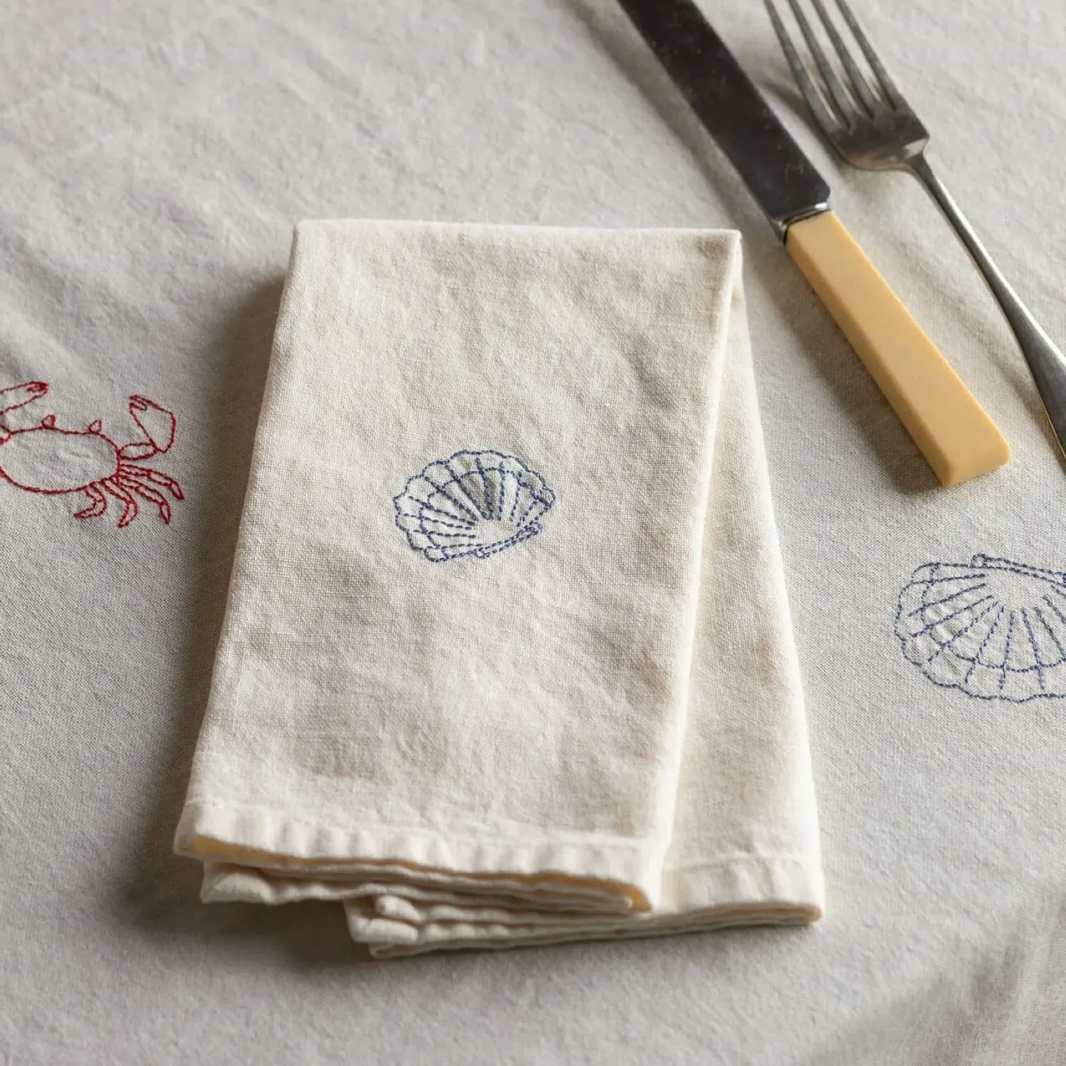 Shell Embroidered Cotton Napkin - Cream image