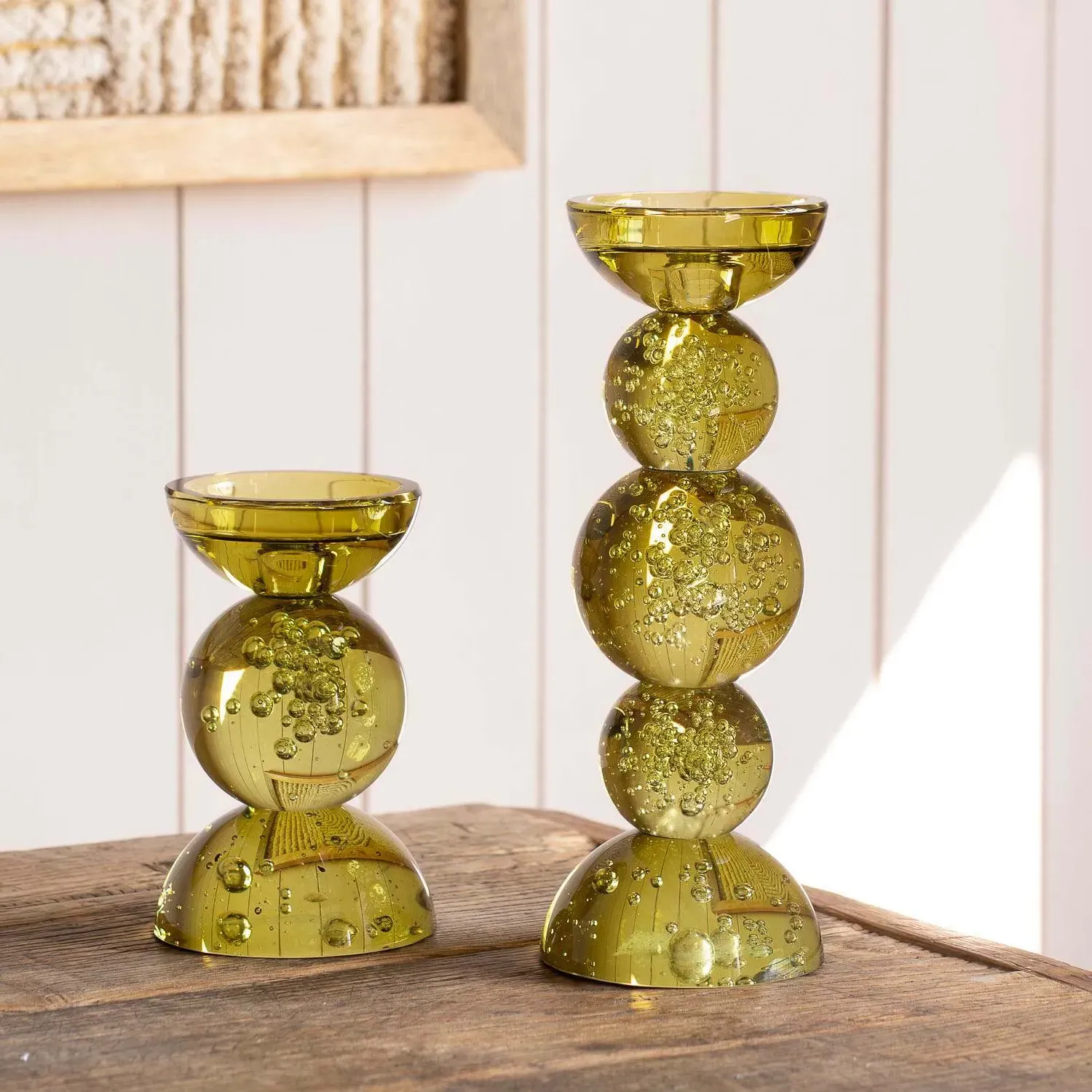 Short Bubble Glass Candle Holder - Olive