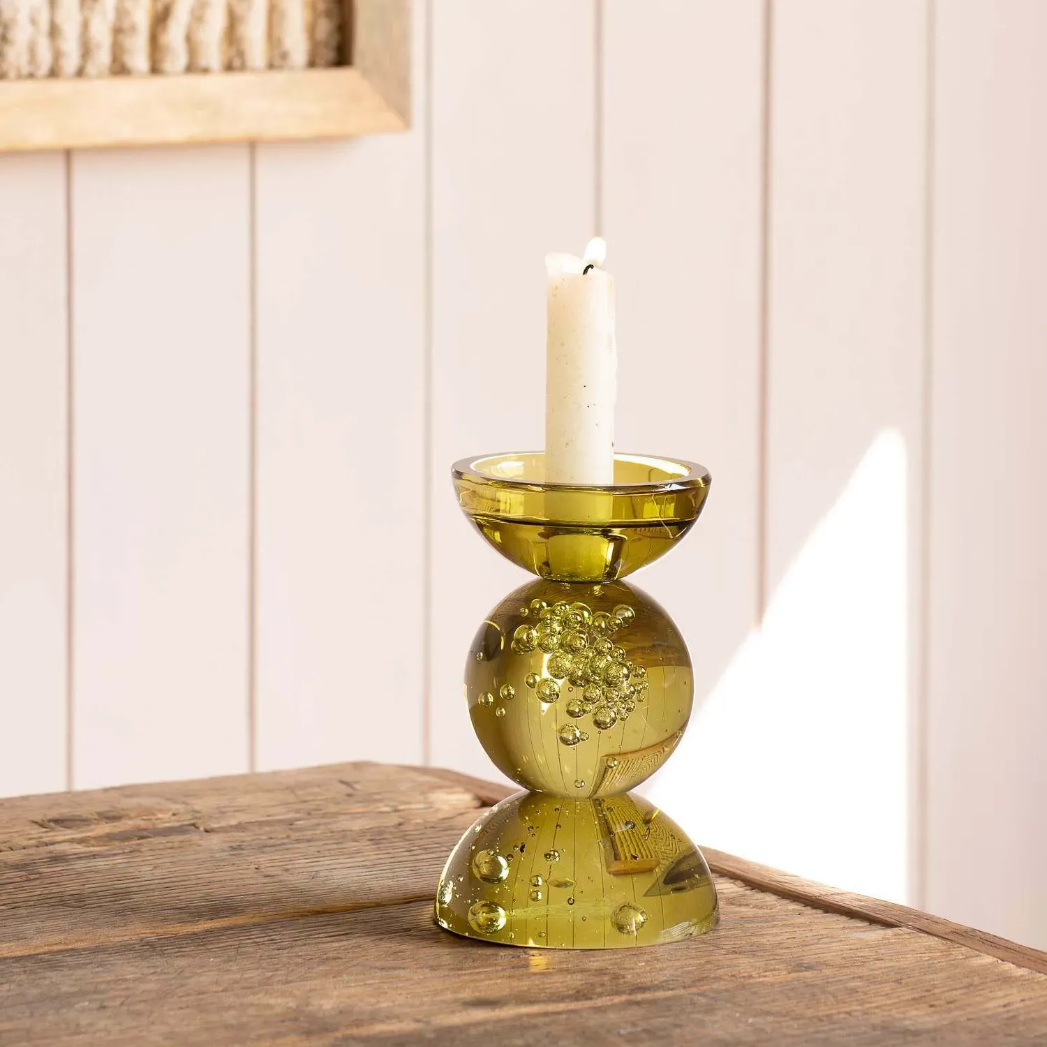Short Bubble Glass Candle Holder - Olive
