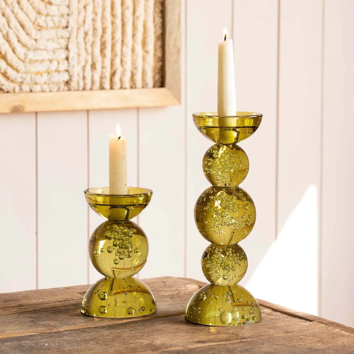 Short Bubble Glass Candle Holder - Olive image