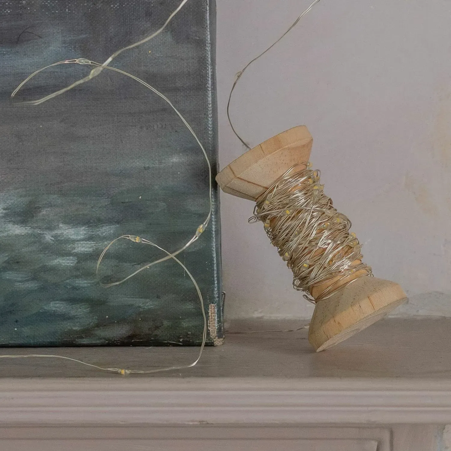 Silver LED Rice Lights with Wooden Spool - Pine