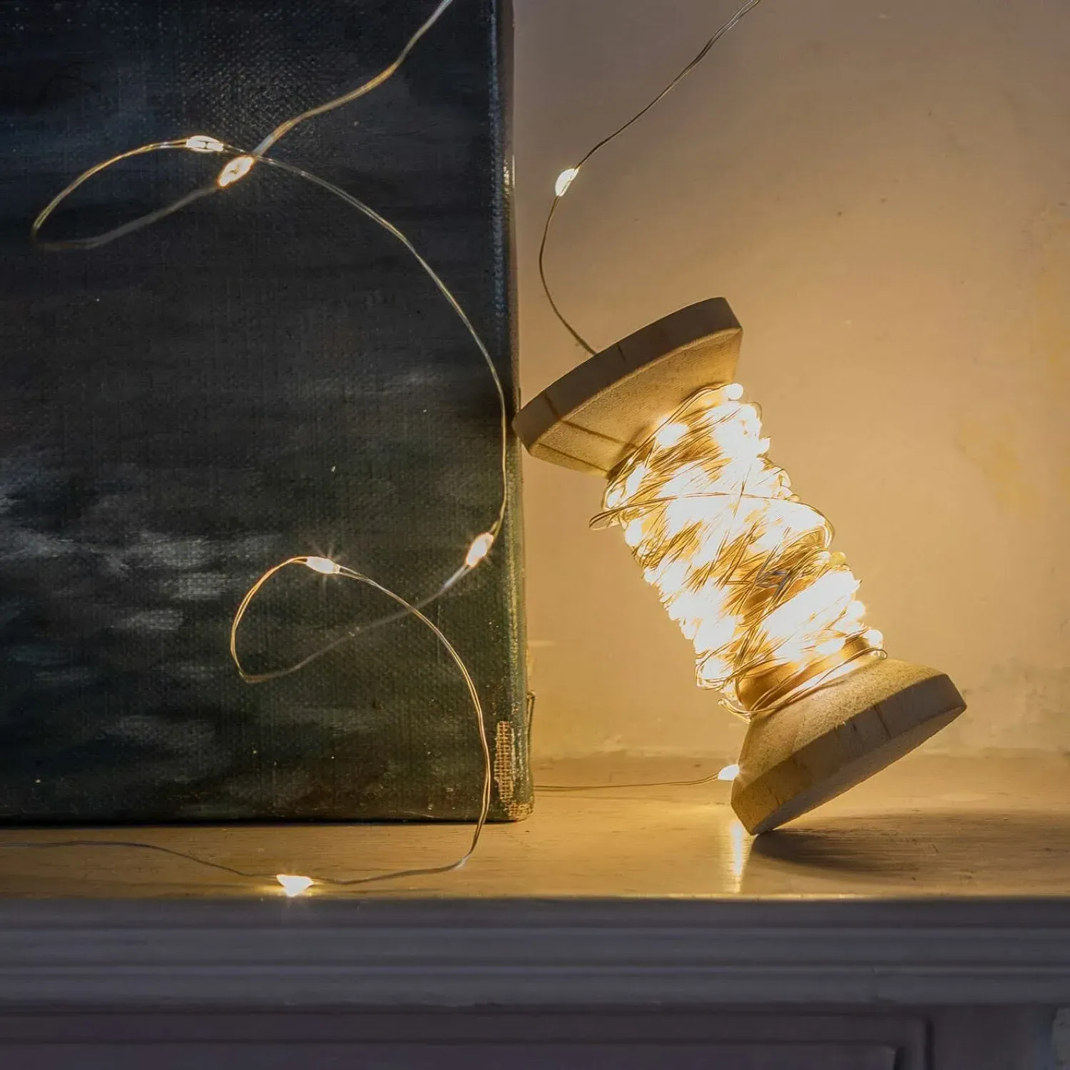 Silver LED Rice Lights with Wooden Spool - Pine