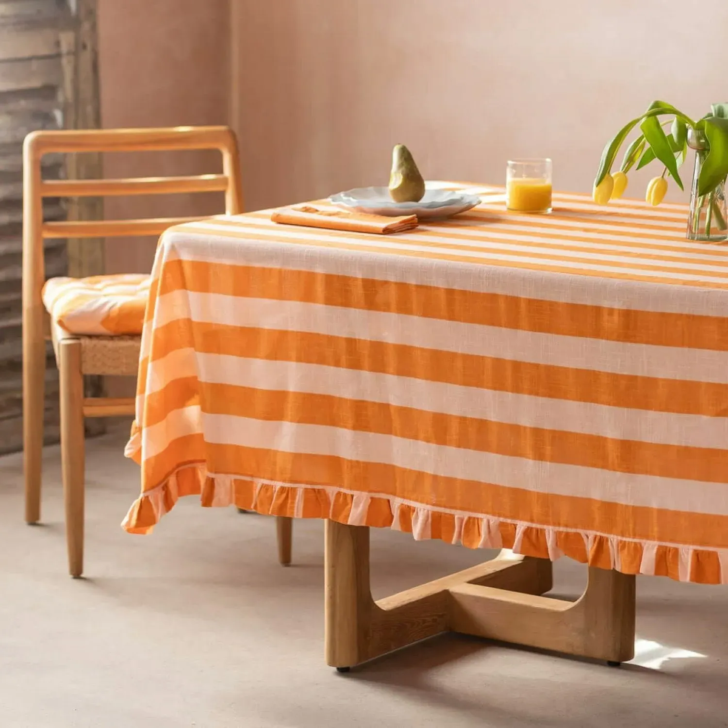 Small Candy Stripe Frill Tablecloth - Orange, Cotton image