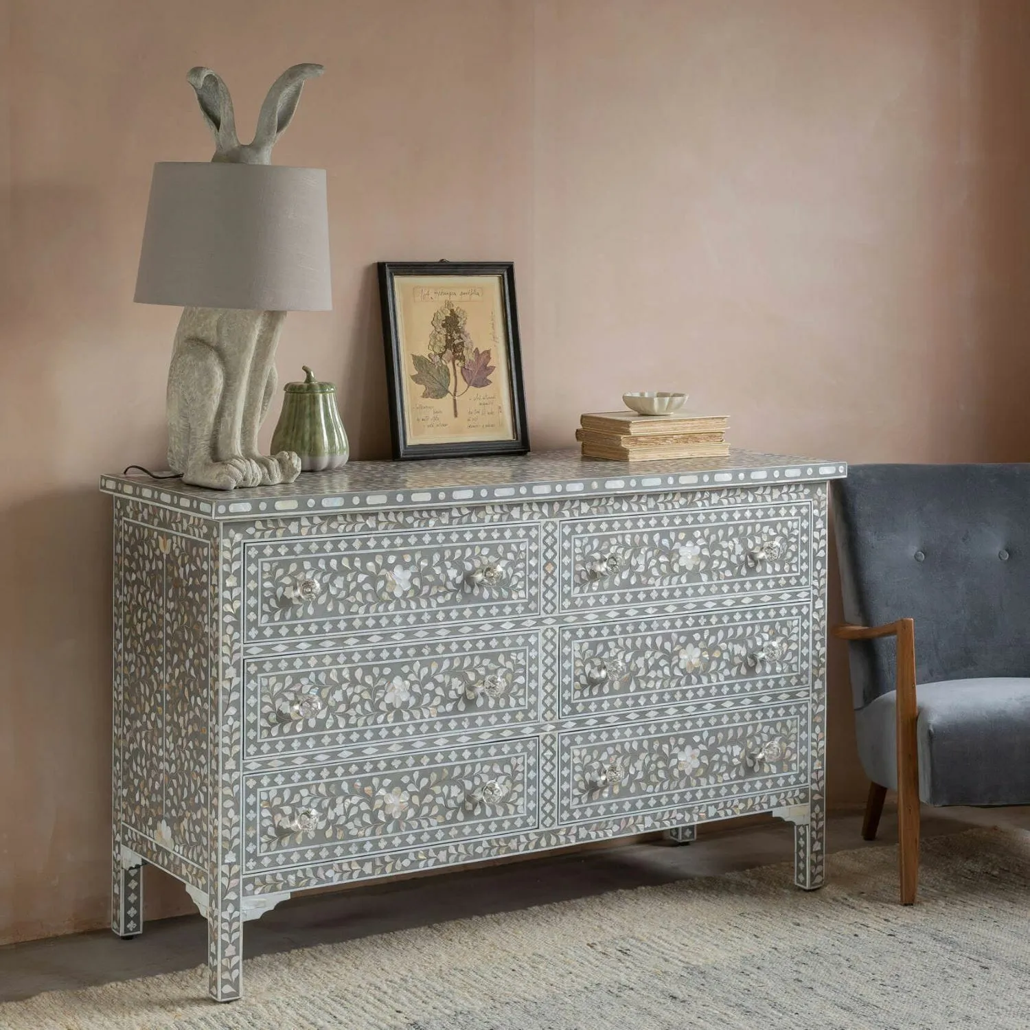 Small Double Mother of Pearl Chest of Drawers - Grey, Mango Wood