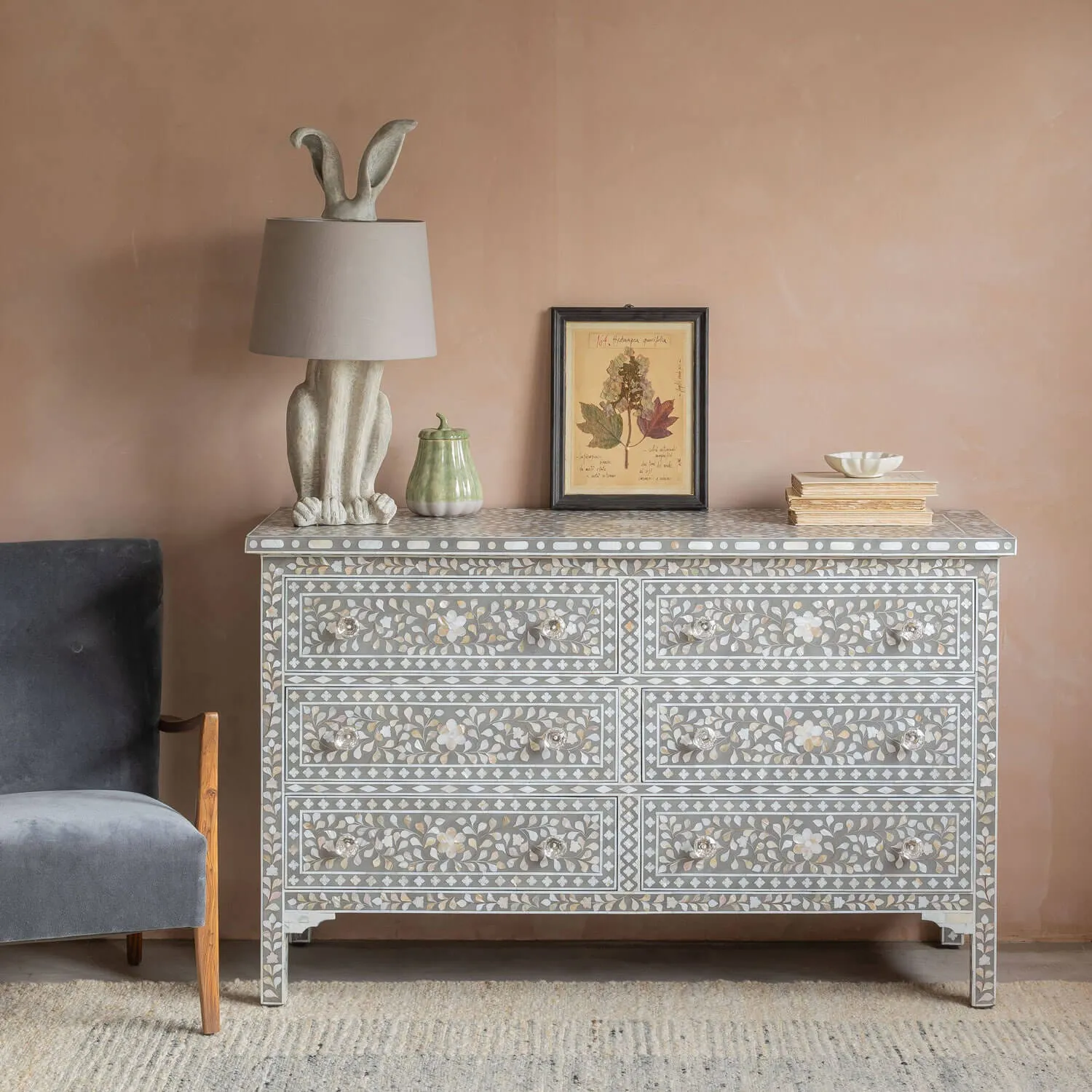 Small Double Mother of Pearl Chest of Drawers - Grey, Mango Wood