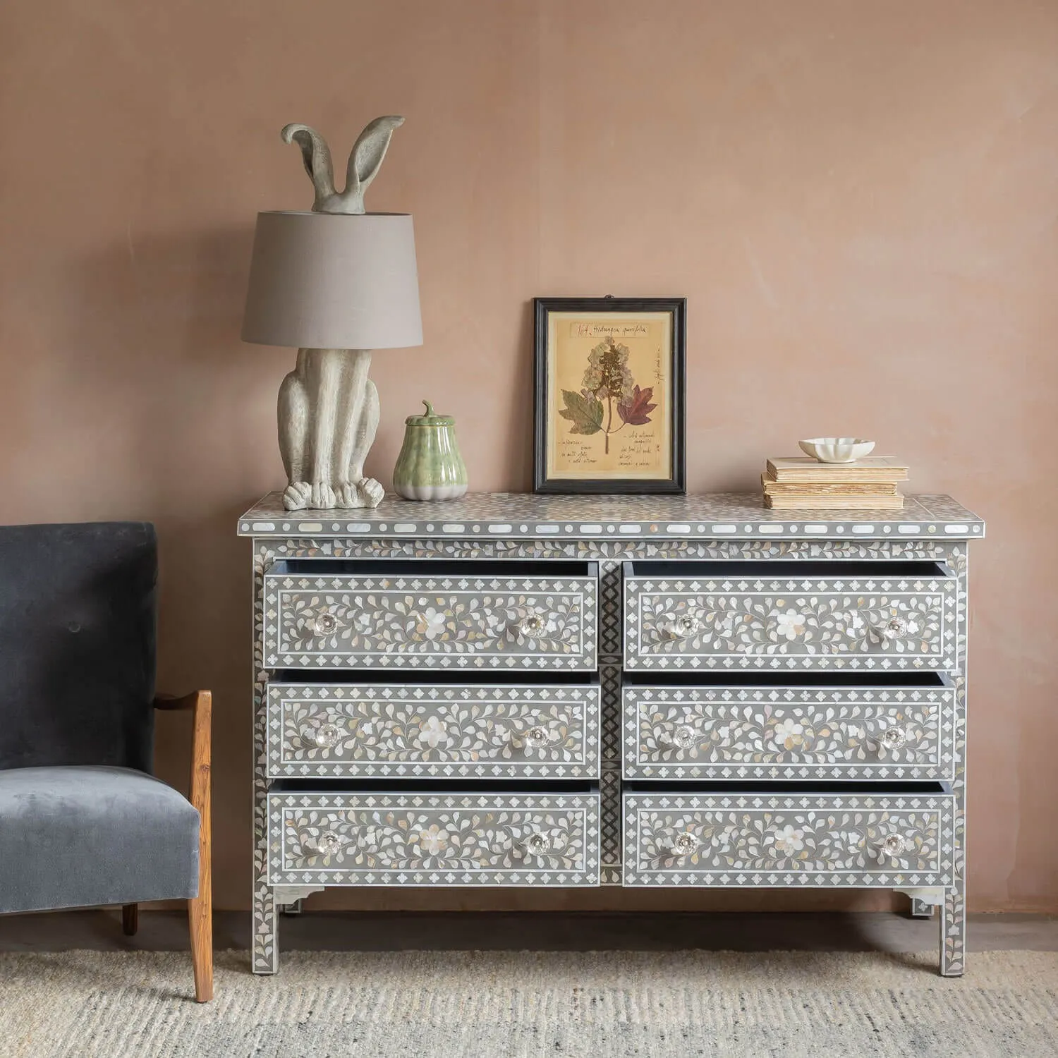 Small Double Mother of Pearl Chest of Drawers - Grey, Mango Wood