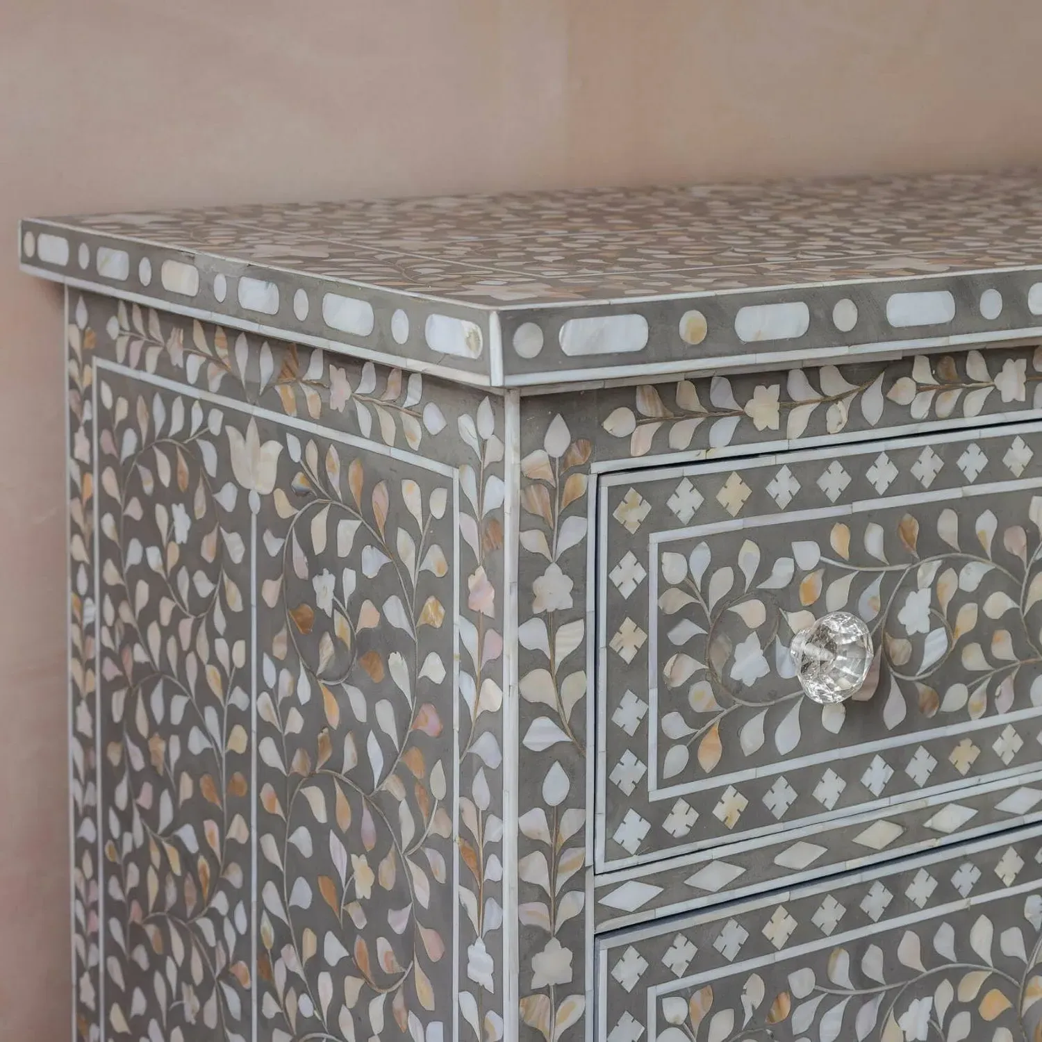 Small Double Mother of Pearl Chest of Drawers - Grey, Mango Wood