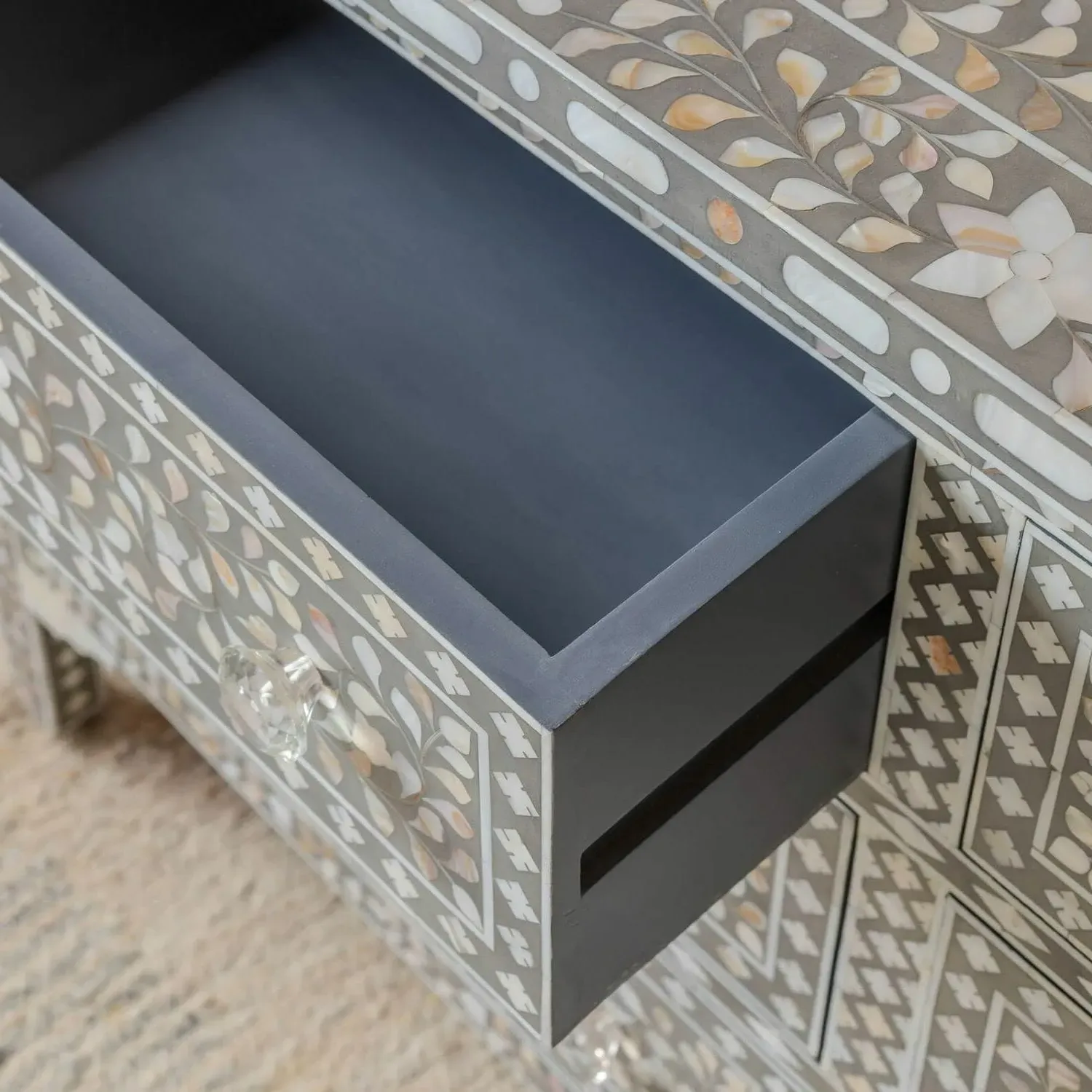 Small Double Mother of Pearl Chest of Drawers - Grey, Mango Wood