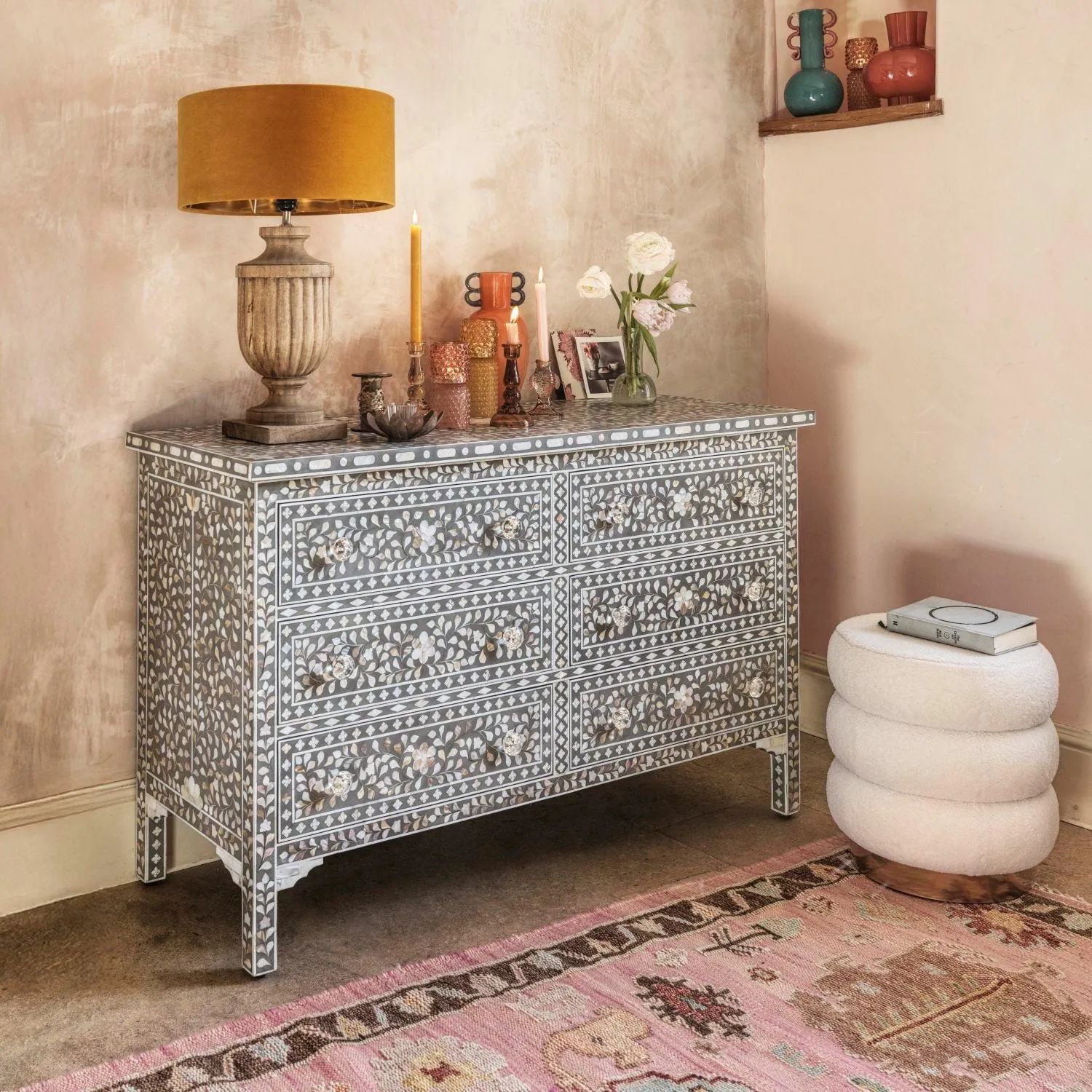 Small Double Mother of Pearl Chest of Drawers - Grey, Mango Wood