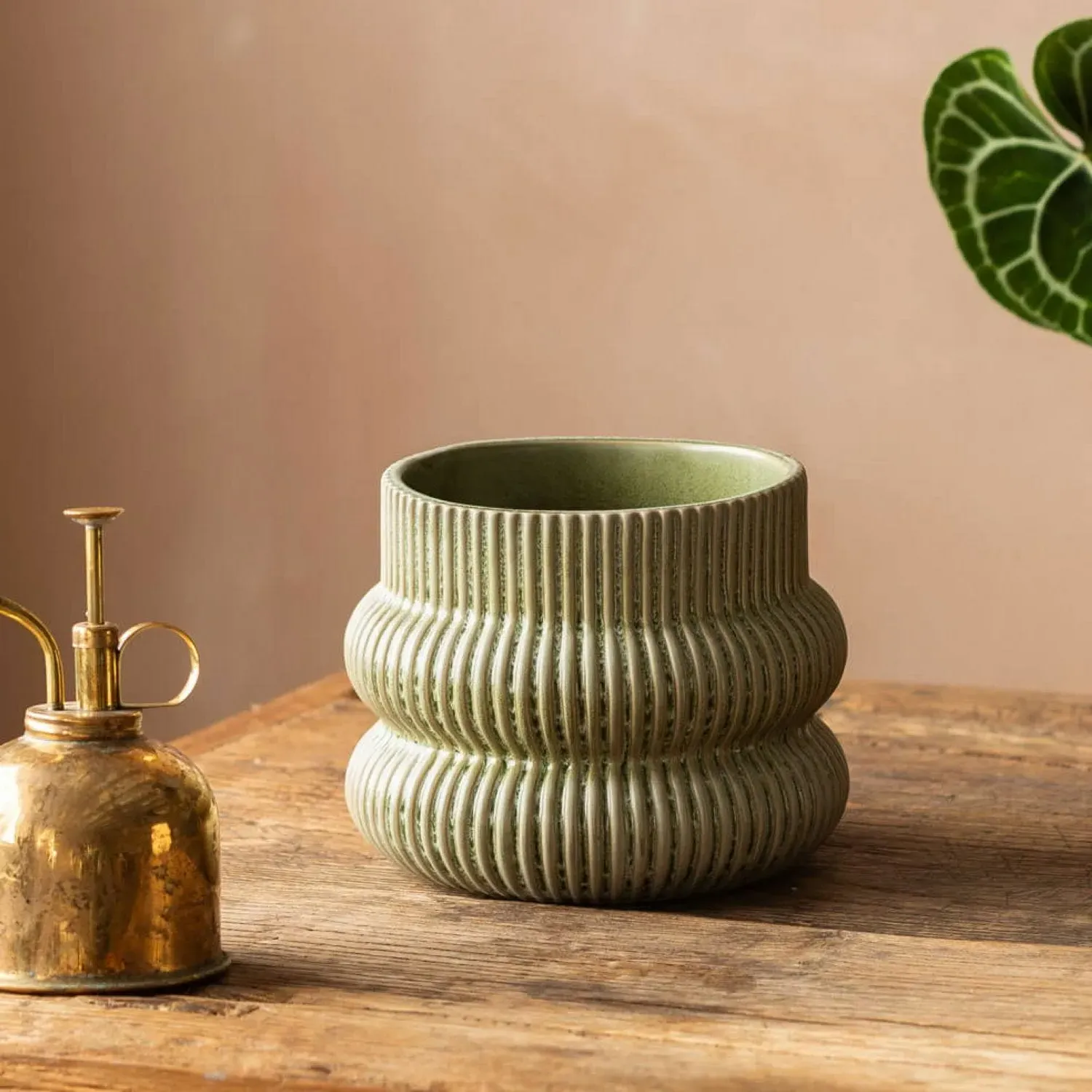 Small Fluted Plant Pot - Green, Ceramic