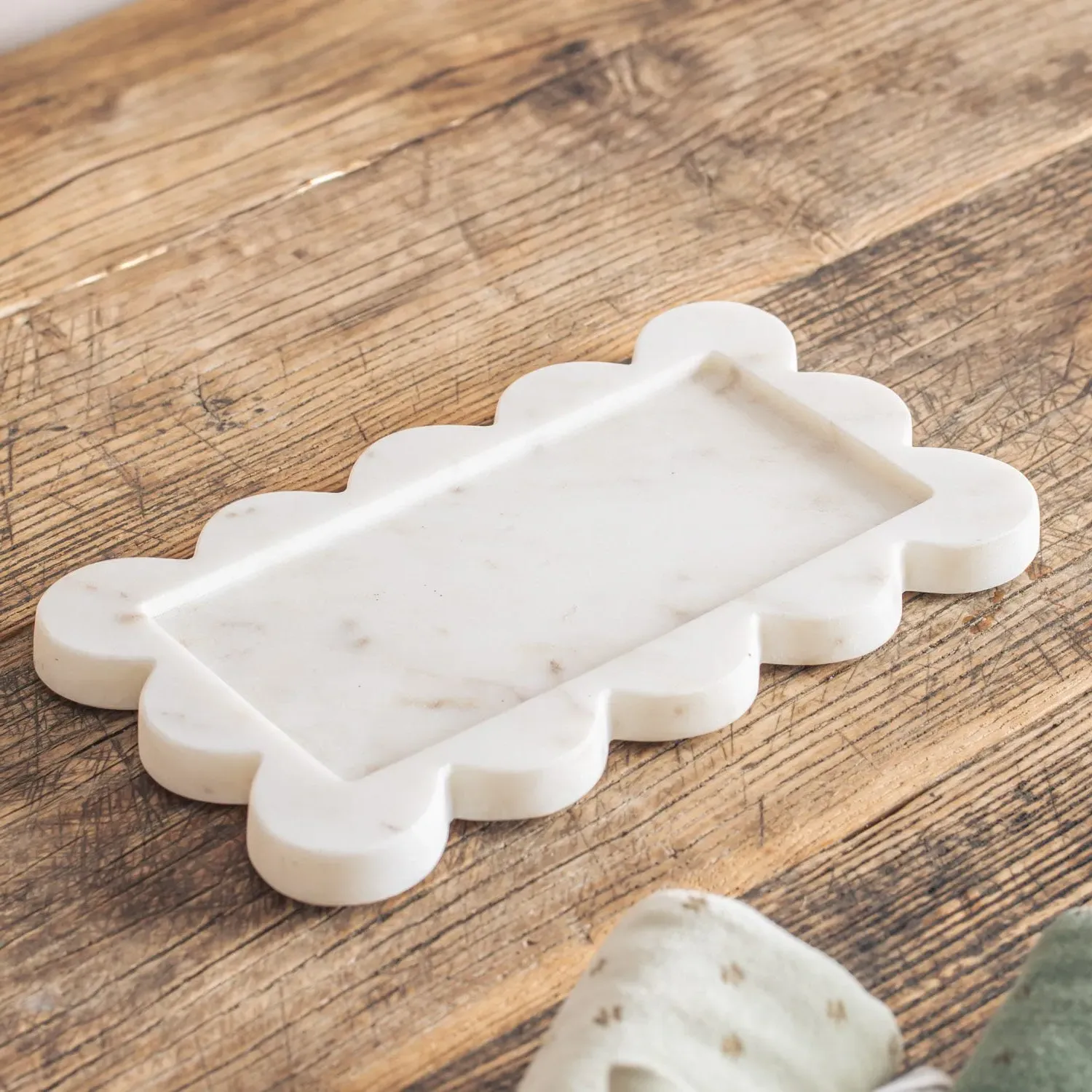 Small Rectangular Scalloped Tray - White, Marble