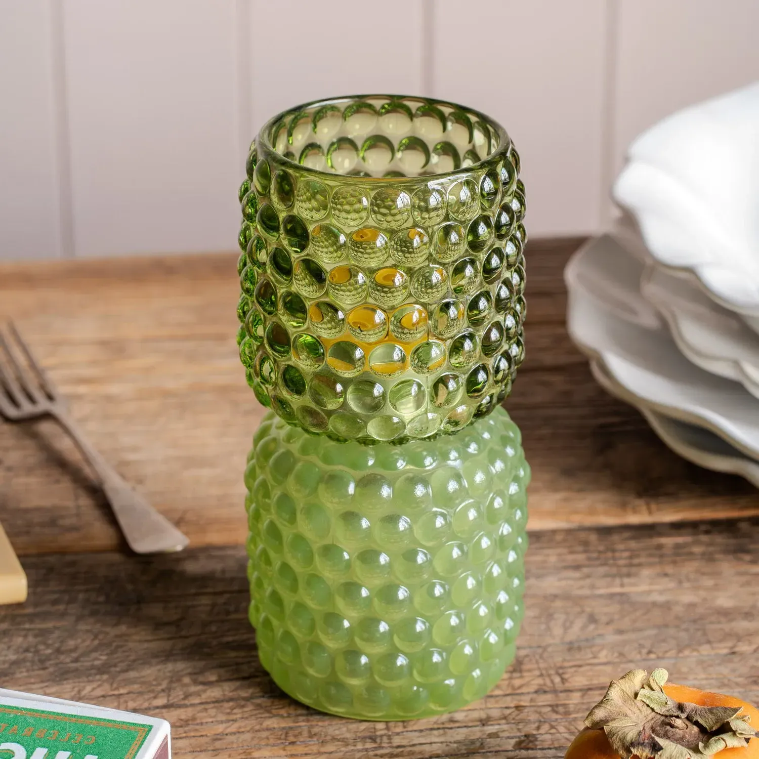 Small Stack Tealight Holder - Green, Glass