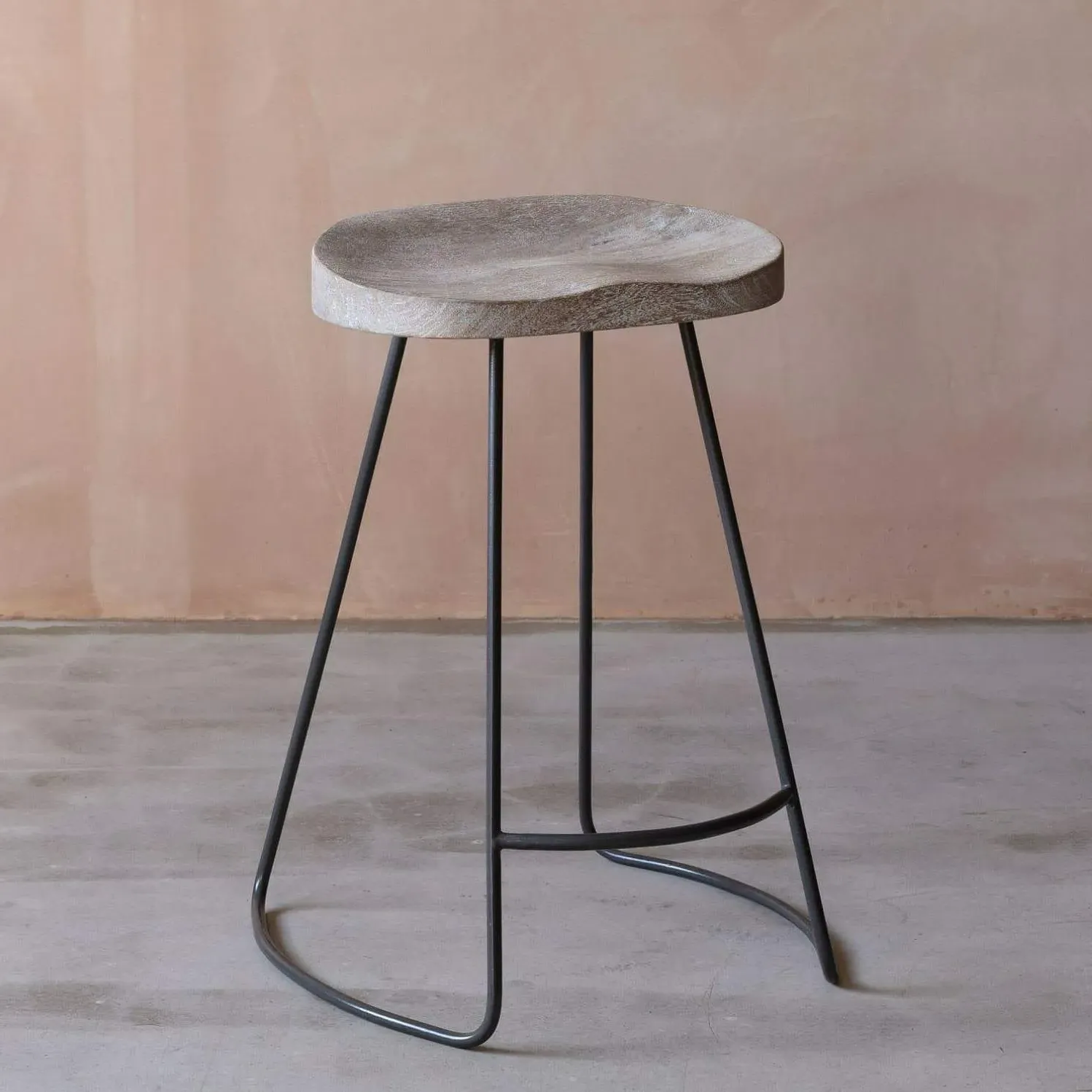 Small Wood and Iron Stool - Dark Grey