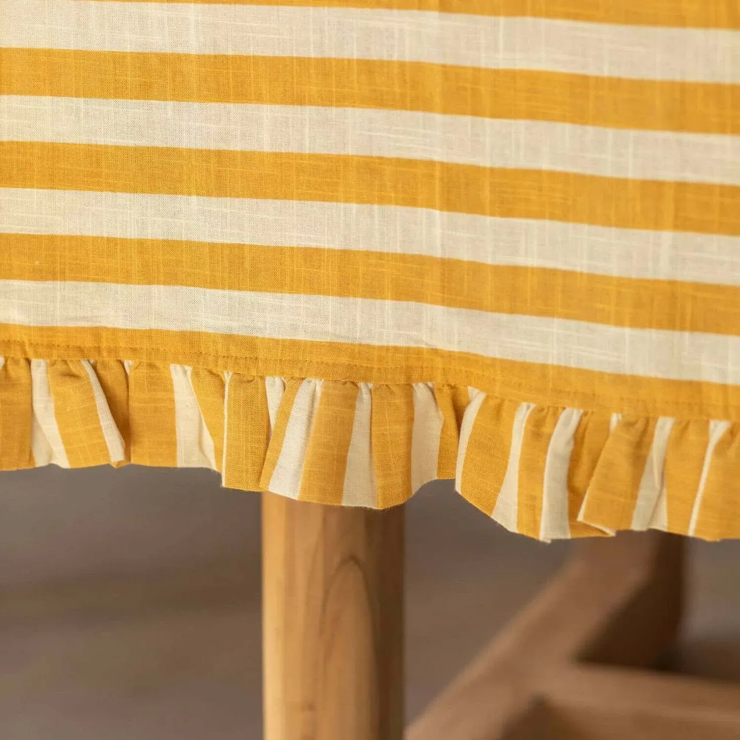 Small Yellow Candy Stripe Frill Tablecloth - Cotton
