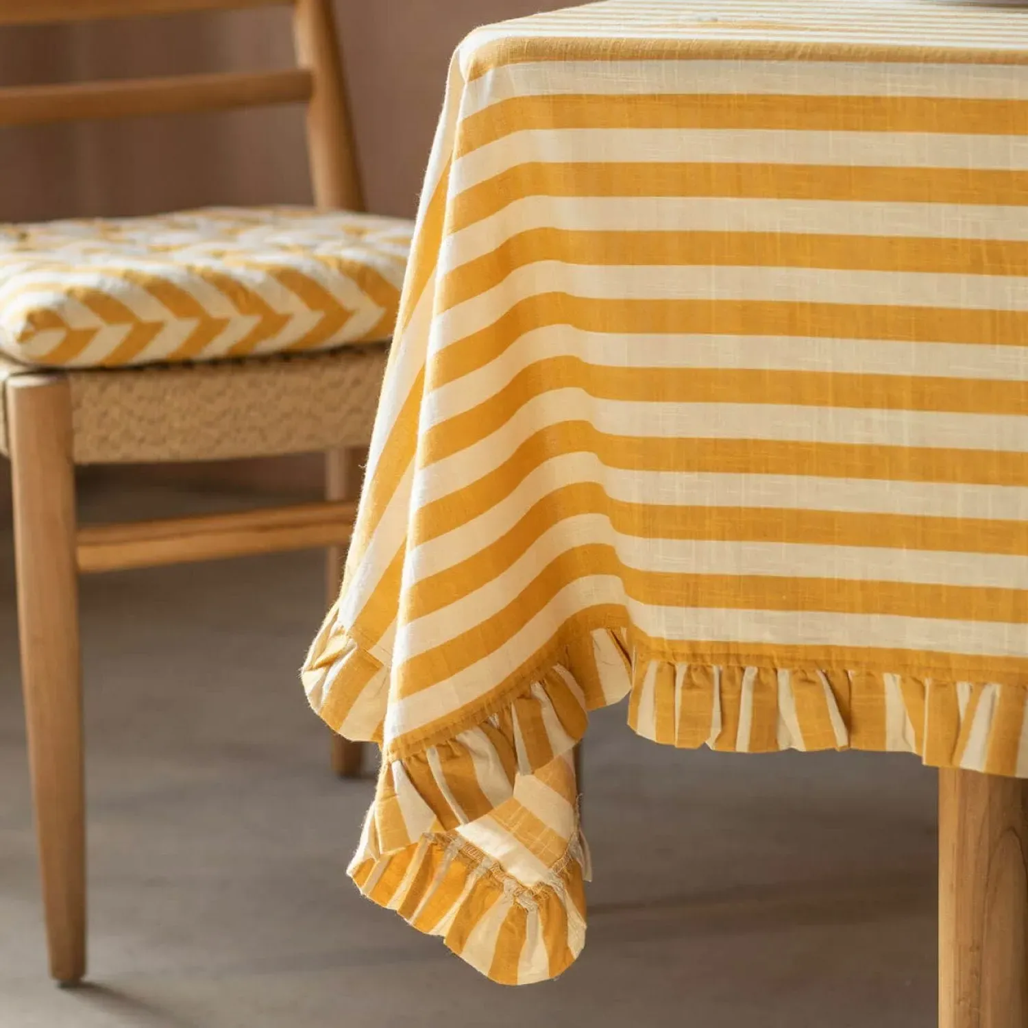 Small Yellow Candy Stripe Frill Tablecloth - Cotton