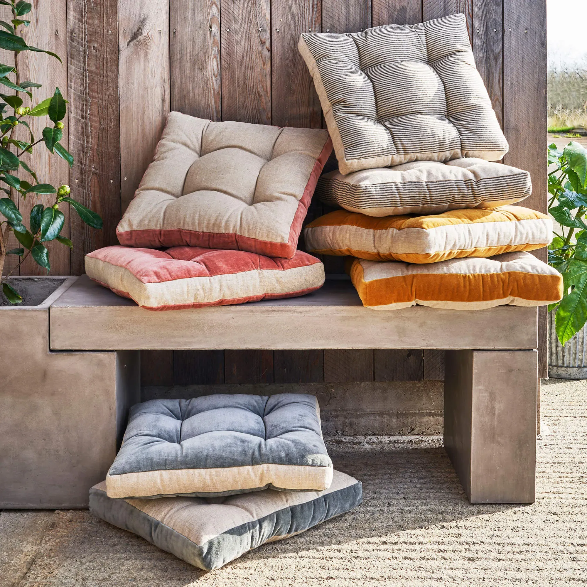 Square Seat Pad with Linen Border - Rose, Velvet