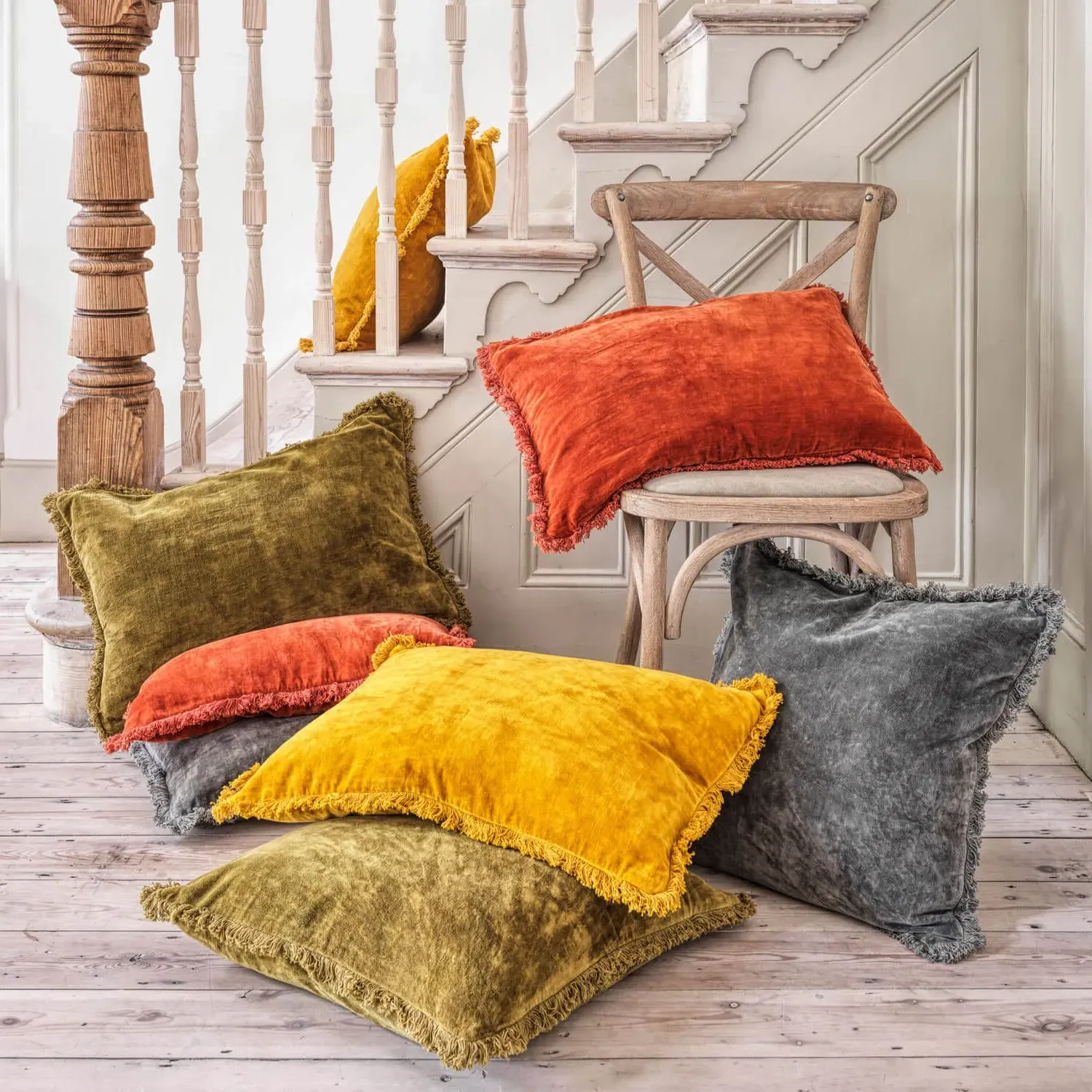 Square Stonewashed Velvet Cushion - Rust Red