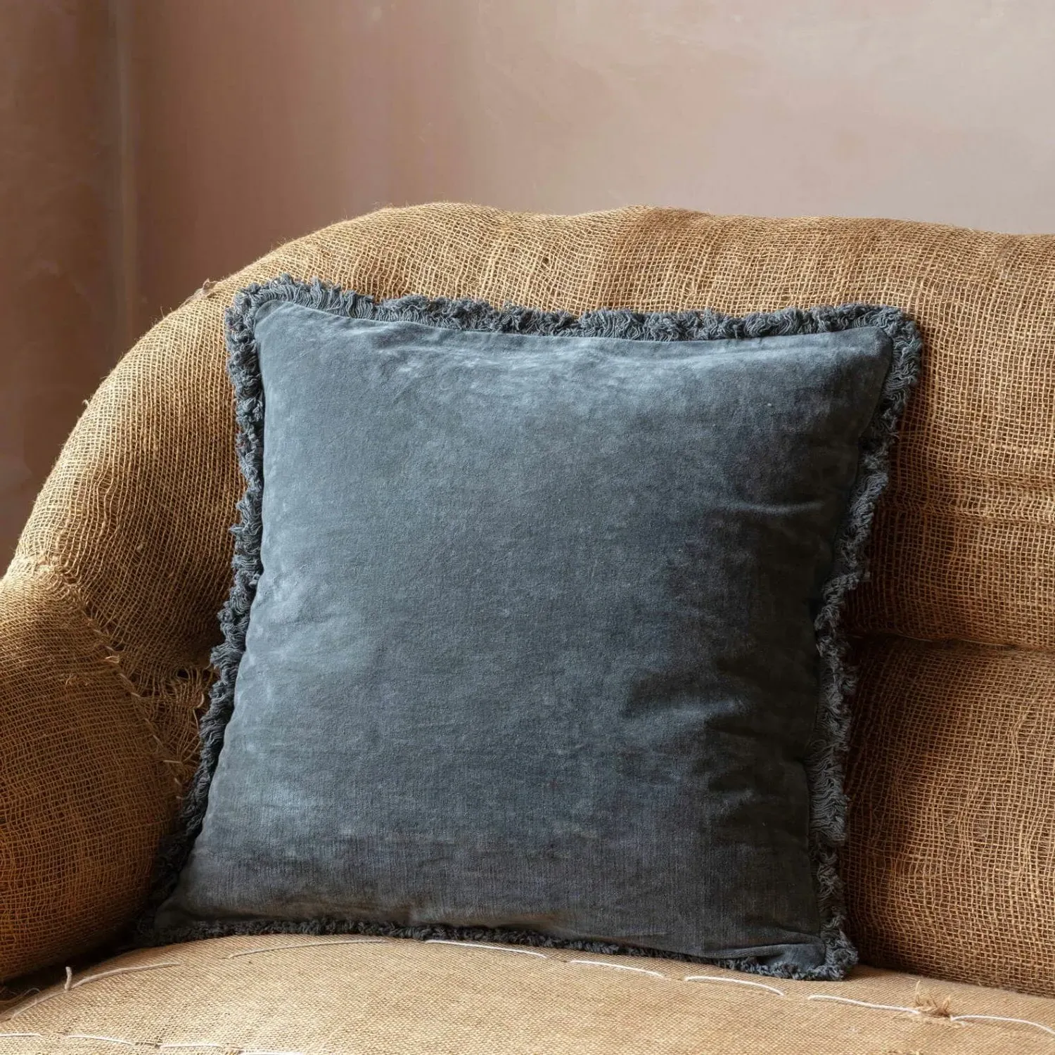 Square Stonewashed Velvet Cushion - Rust Red