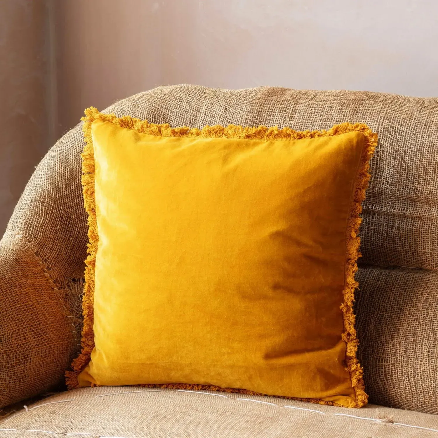 Square Stonewashed Velvet Cushion - Rust Red