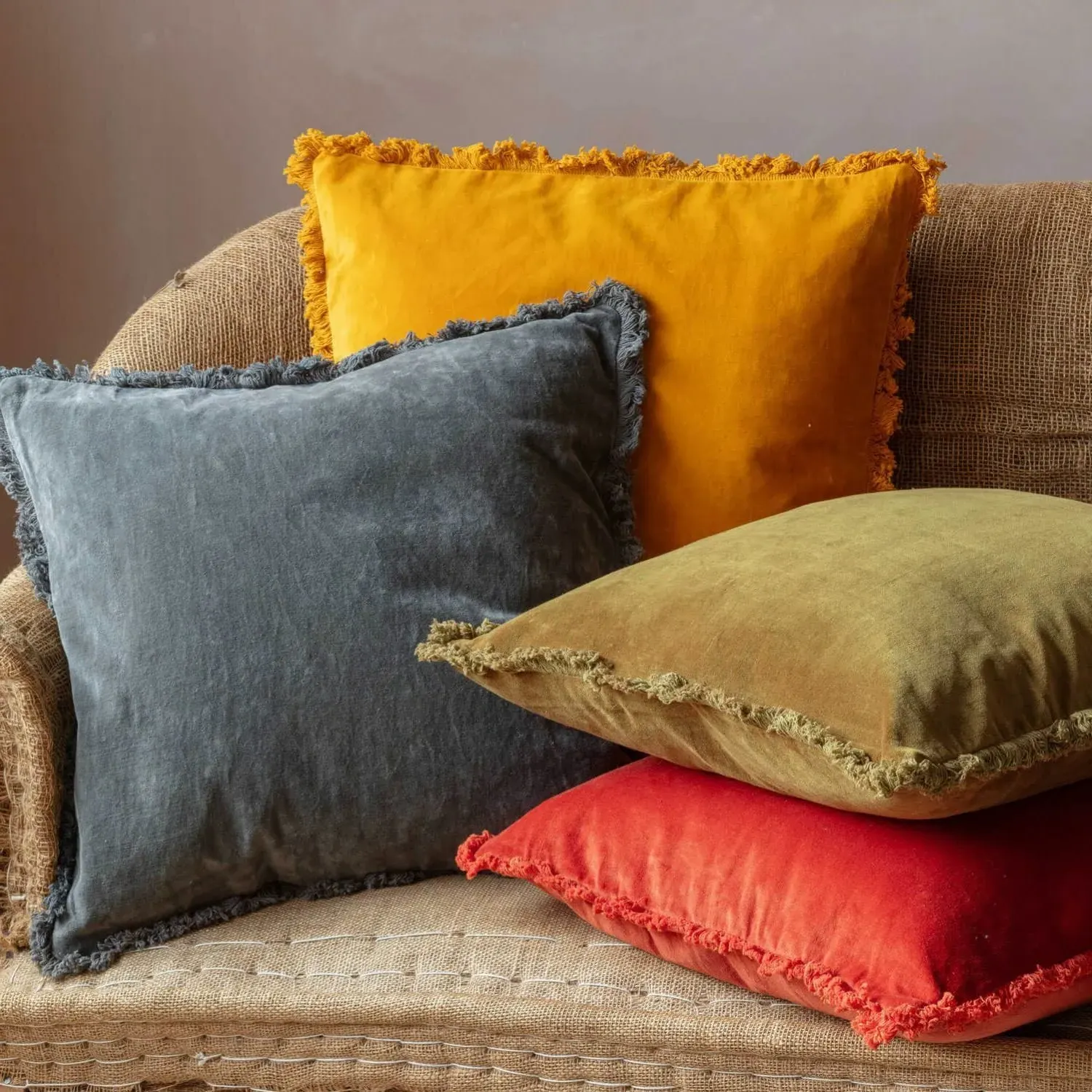 Square Stonewashed Velvet Cushion - Rust Red