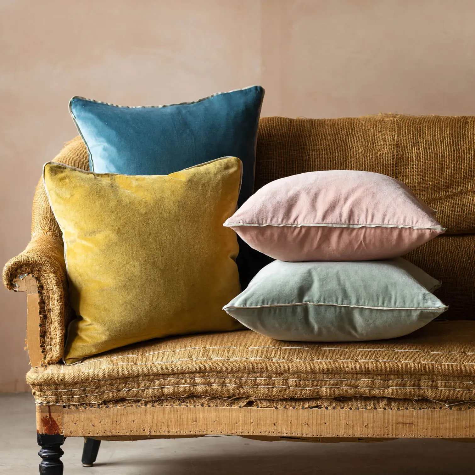Square Velvet Cushion with Linen Trim - Mustard image