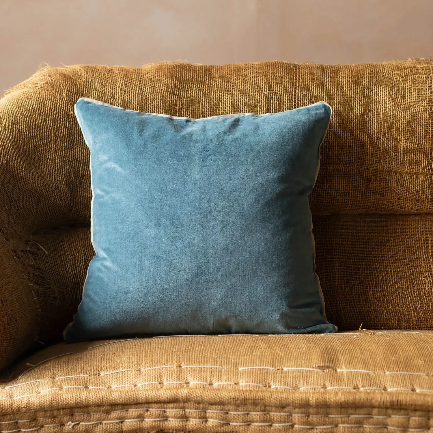 Square Velvet Cushion with Linen Trim - Pale Sage