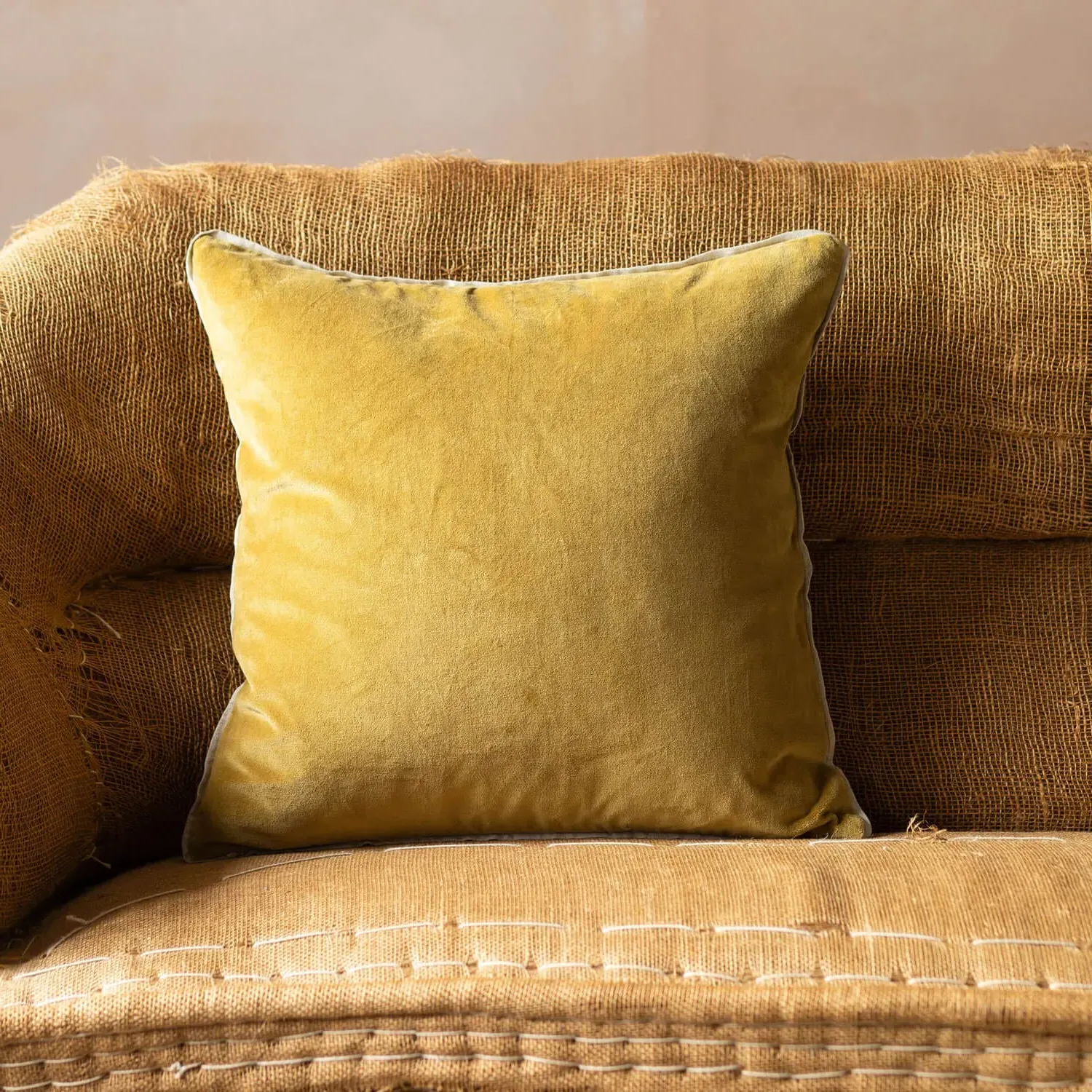 Square Velvet Cushion with Linen Trim - Pale Sage