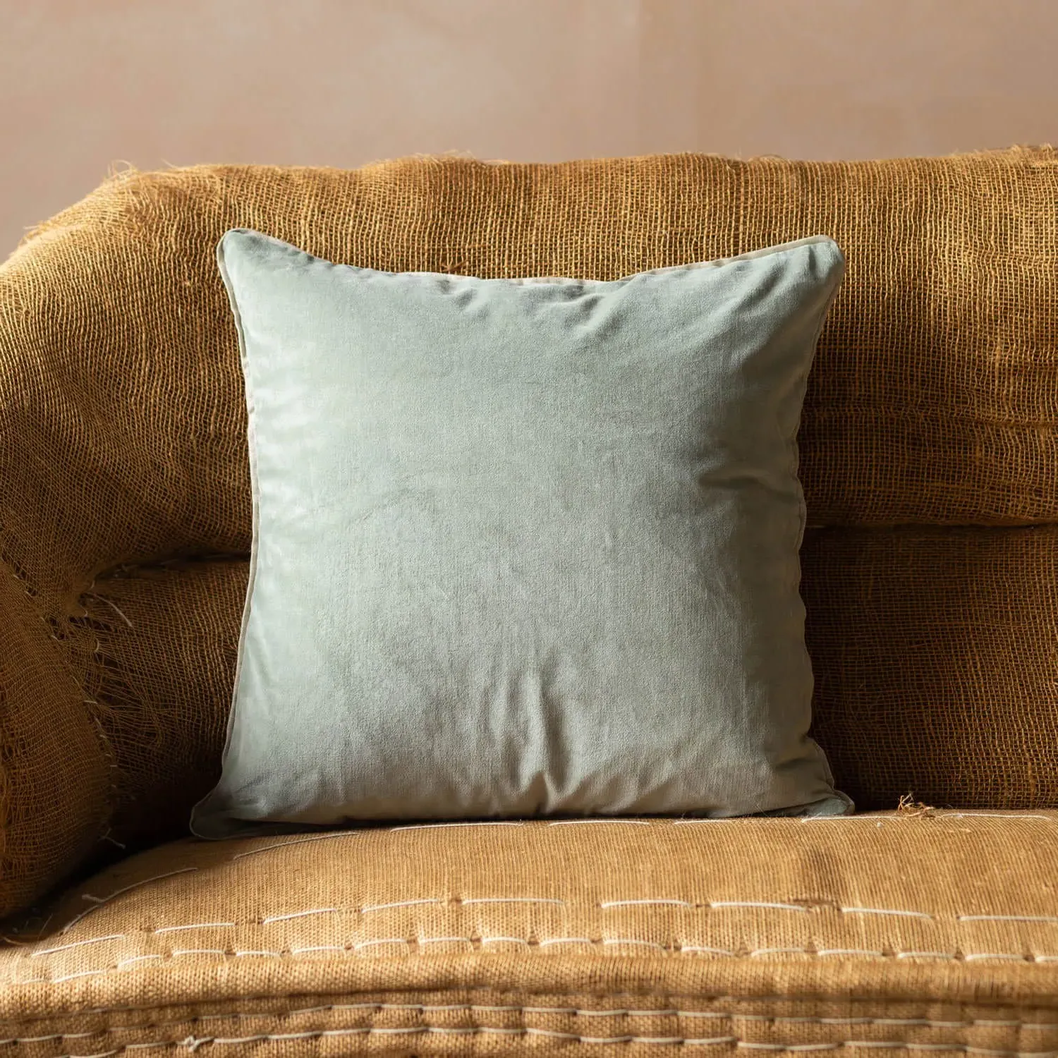 Square Velvet Cushion with Linen Trim - Rose