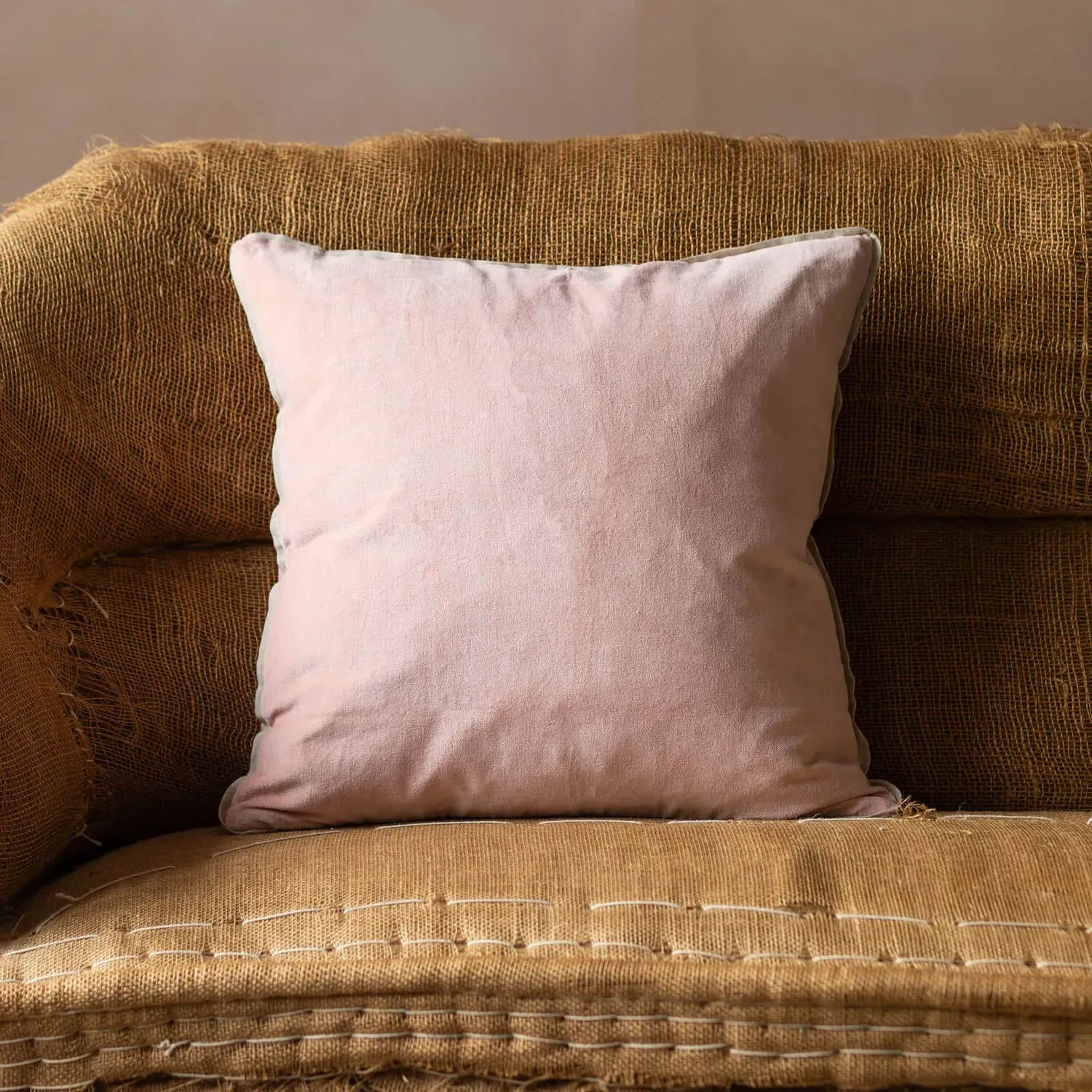 Square Velvet Cushion with Linen Trim - Rose