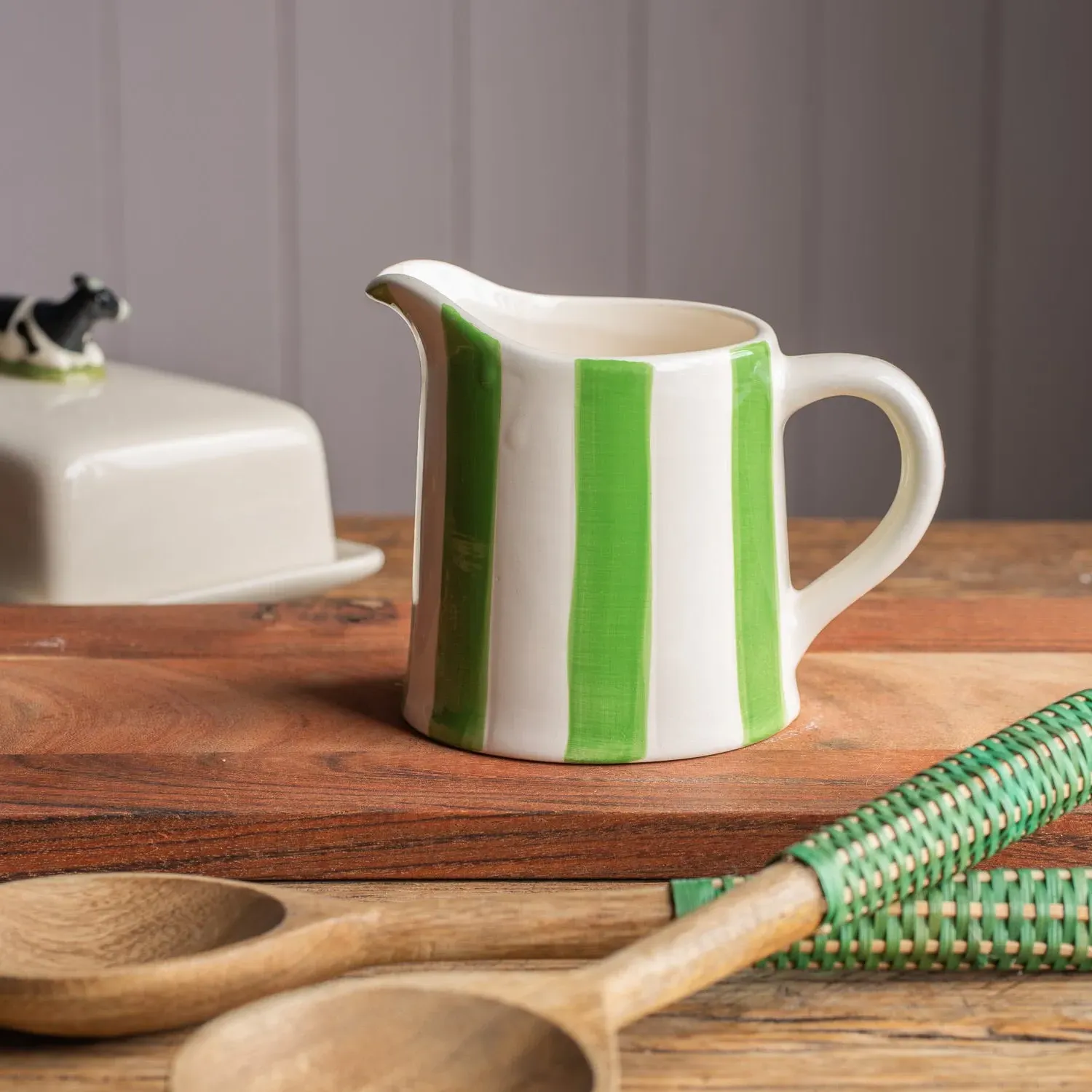 Stripe Creamer Jug - Green, Stoneware image