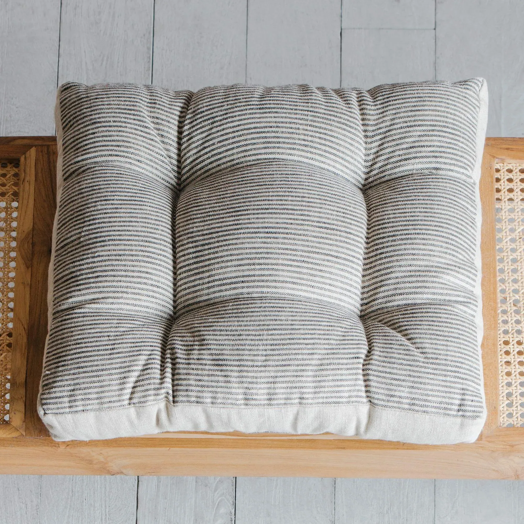 Striped Square Seat Pad with Linen Border - Natural, Linen