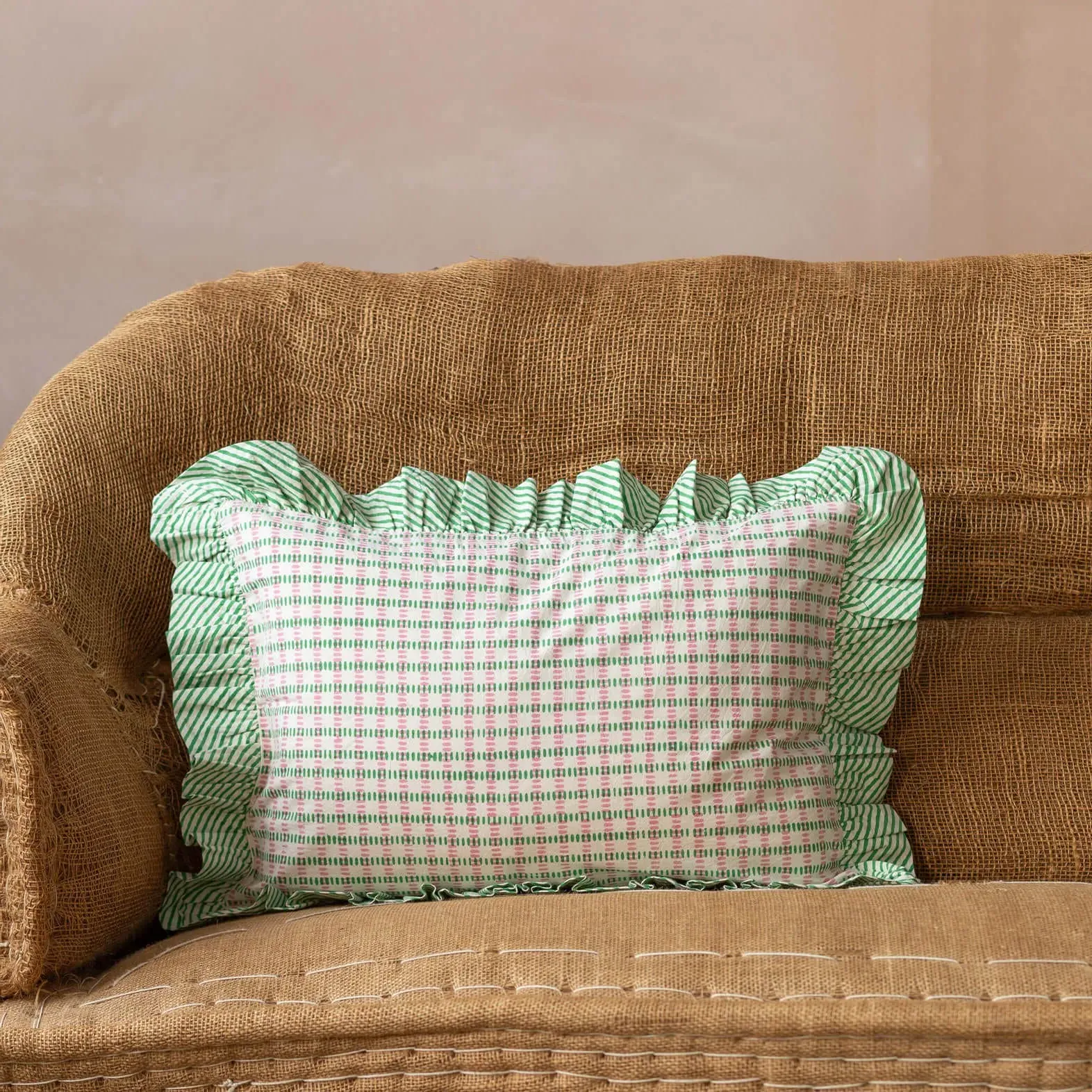 Sundae Rectangular Cushion with Frill - Green, Cotton