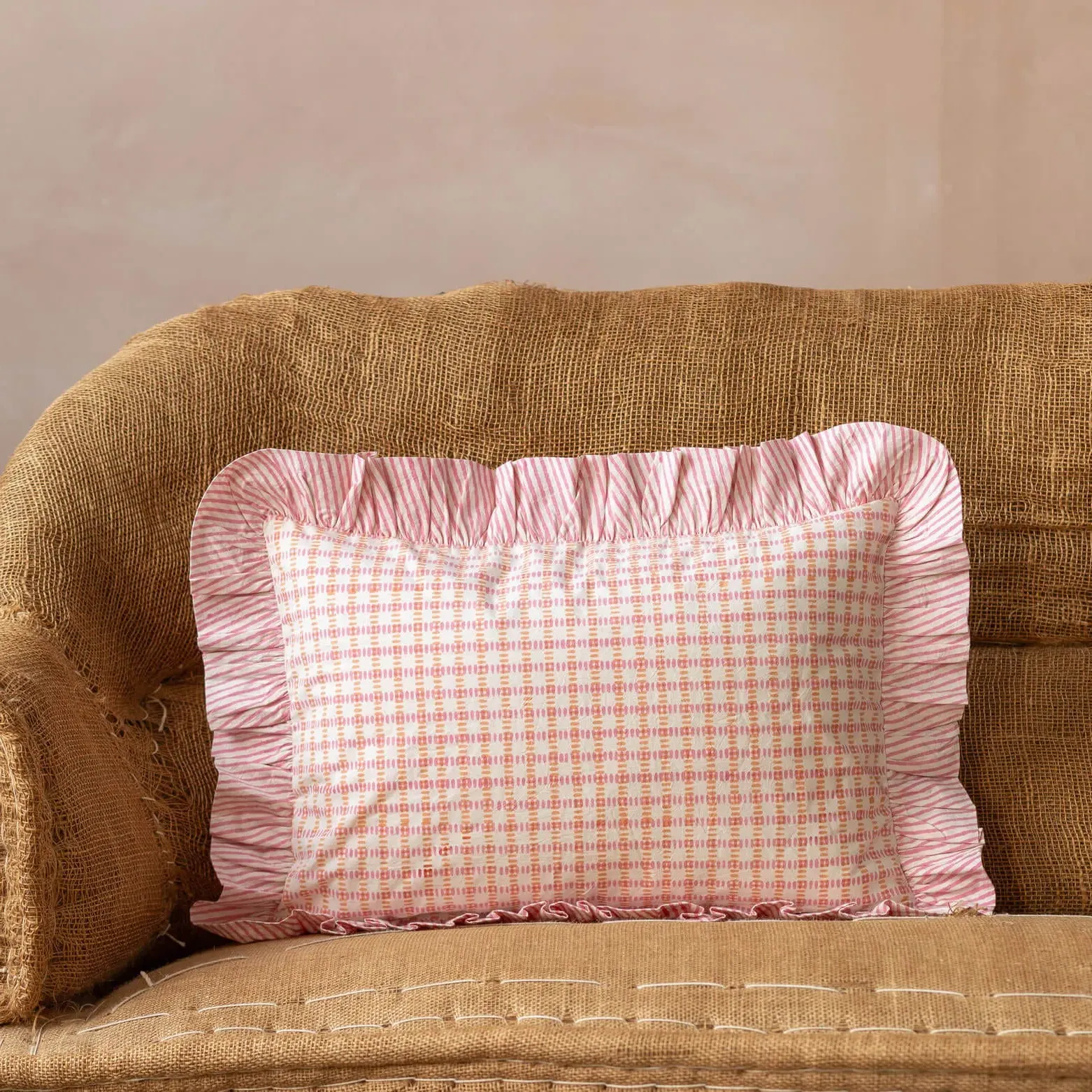 Sundae Rectangular Cushion with Frill - Pink, Cotton