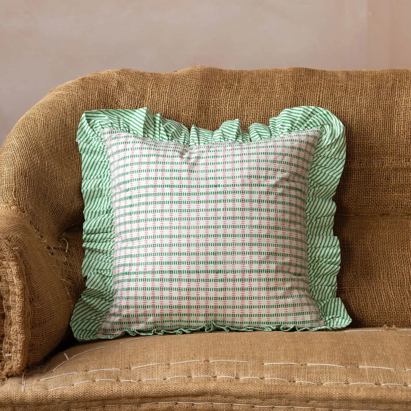 Sundae Square Cushion with Frill - Green, Cotton